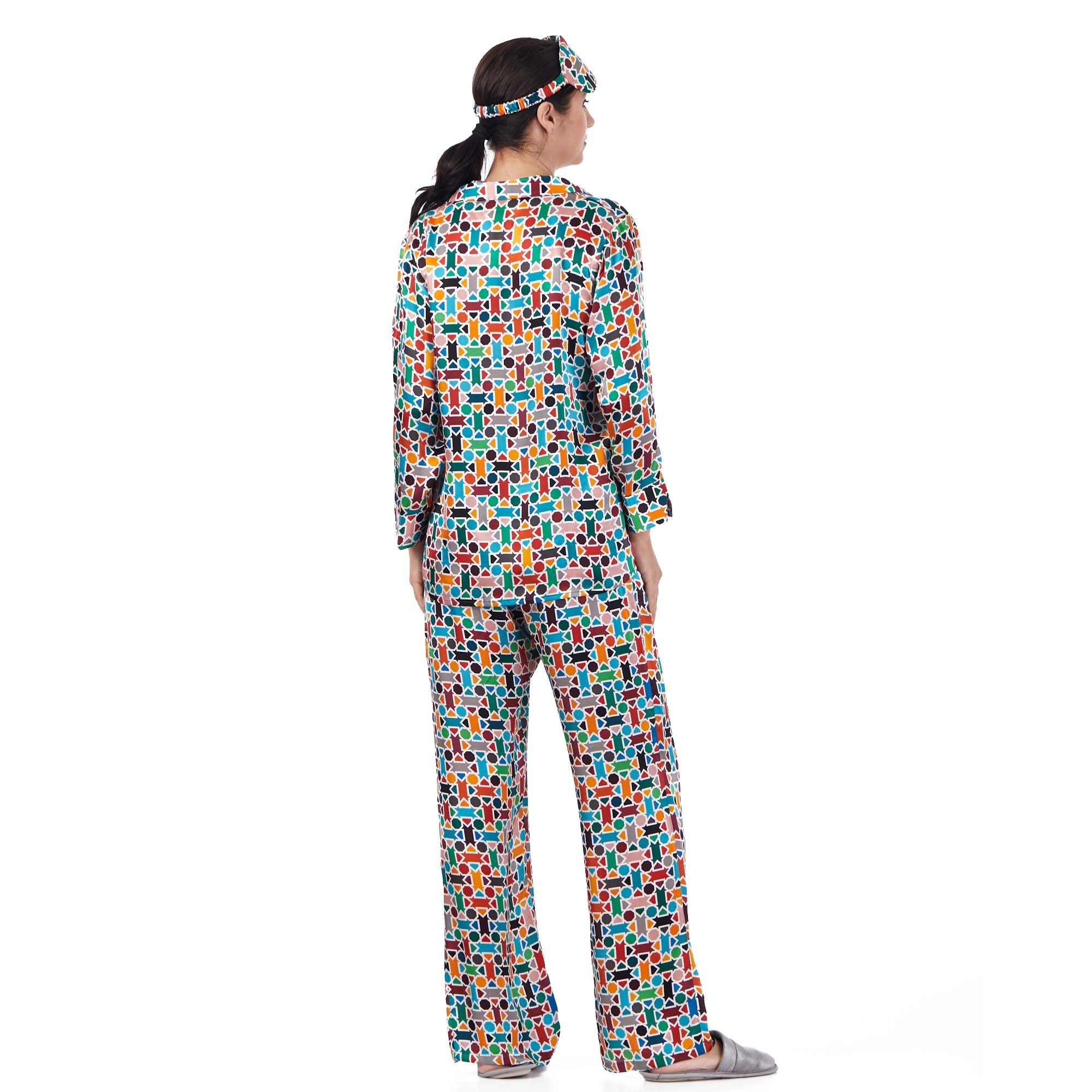 %100 İpek Gömlek-Pantolon / Pijama Takımı | Çok Renkli Geometrik Desen | Nomads Felt