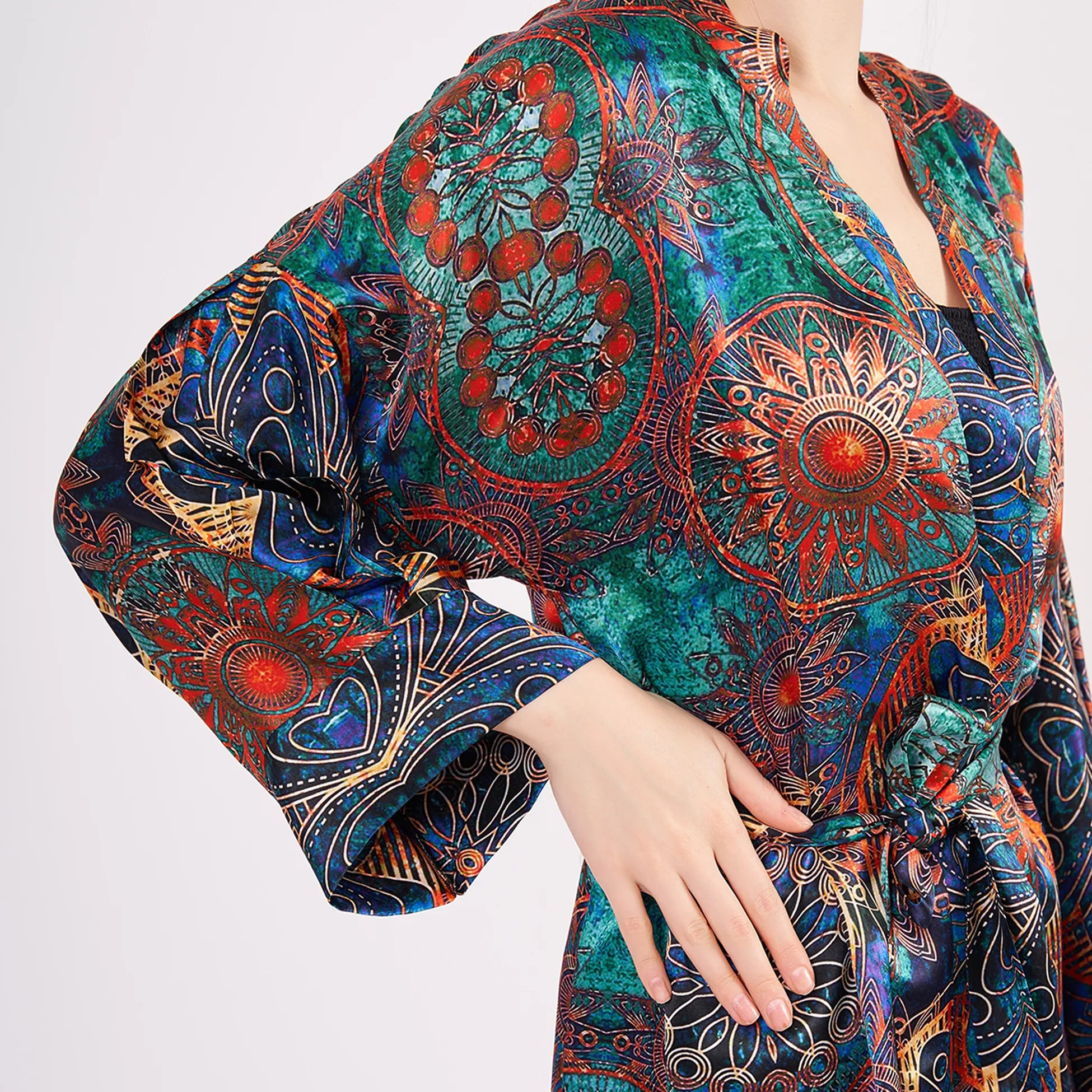 Saf İpek Kısa Kimono Kaftan | Mandala Desen 2 Yeşil | Nomads Felt
