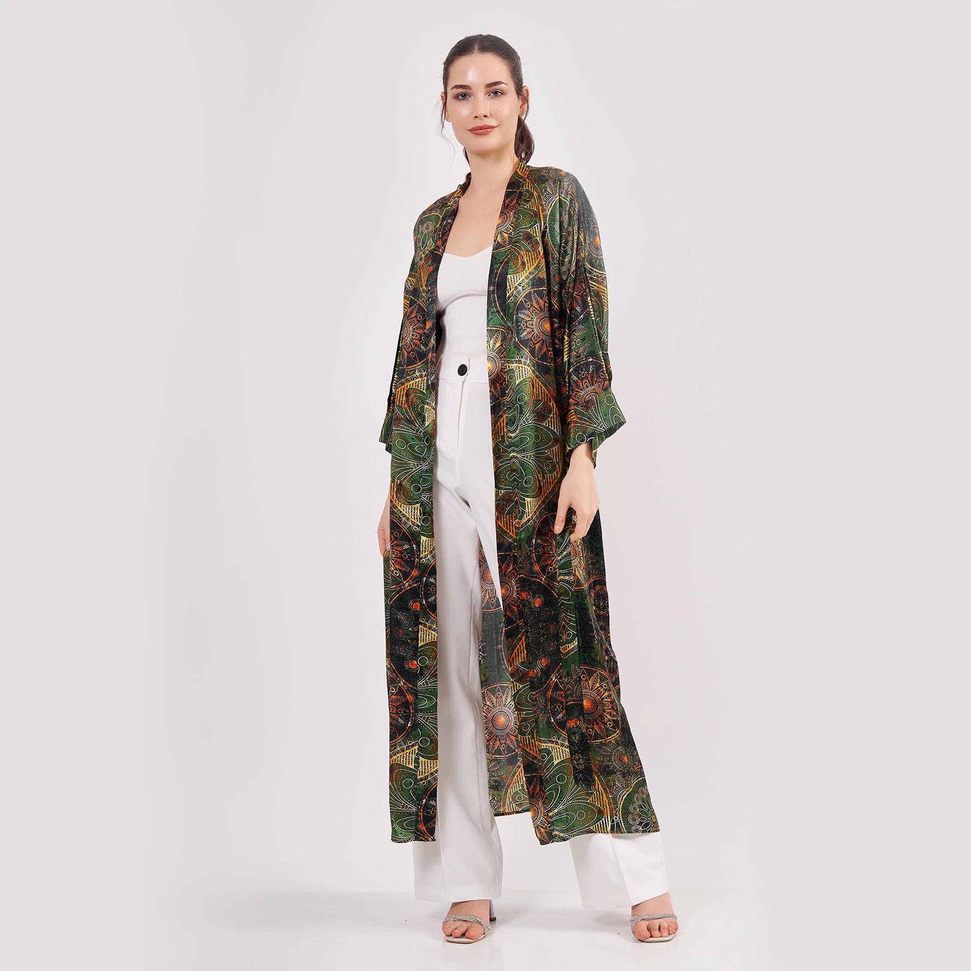 Saf İpek Kimono Kaftan | Mandala Desen | Haki