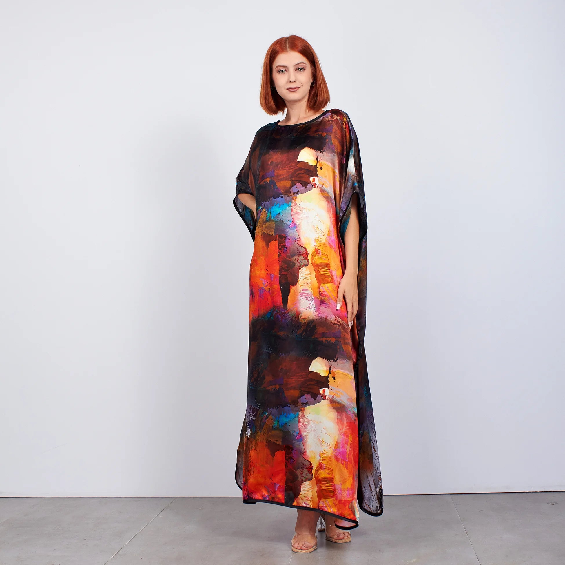 %100 İpek Uzun Elbise | Abstract Desen 2 | Nomads Felt