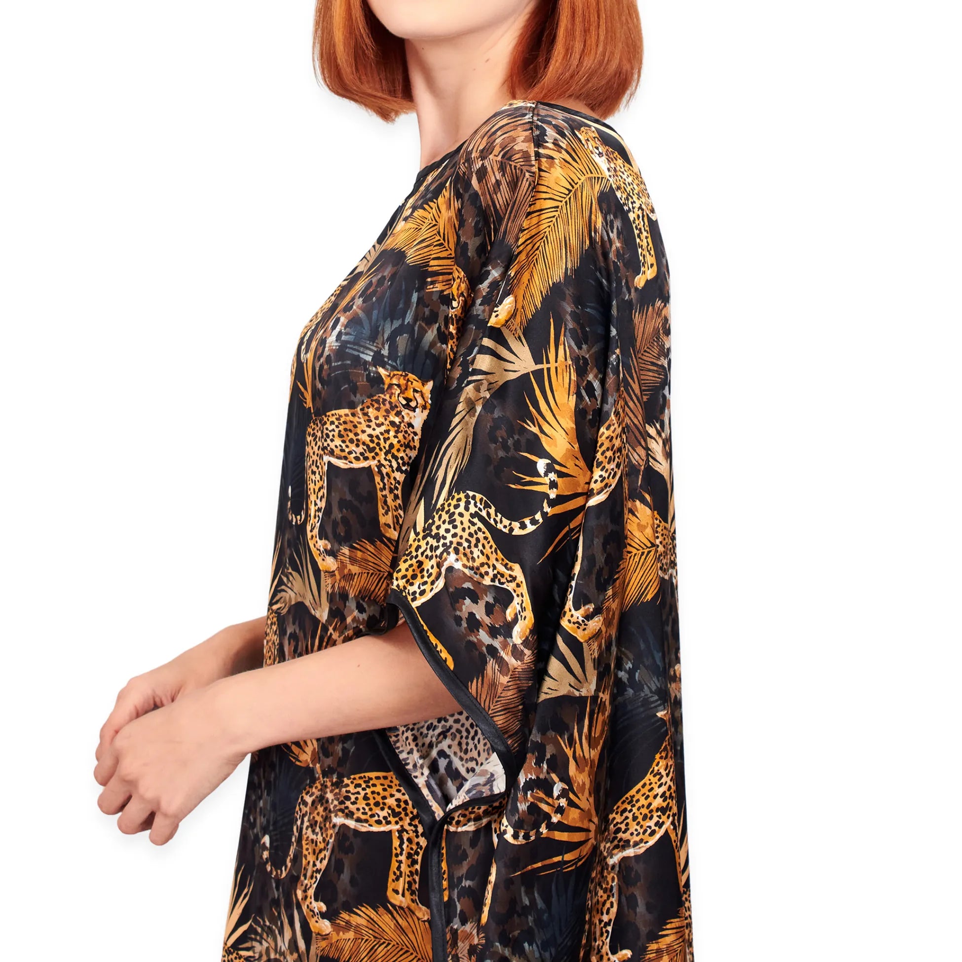 Siyah Gold Leopar Desenli İpek Elbise