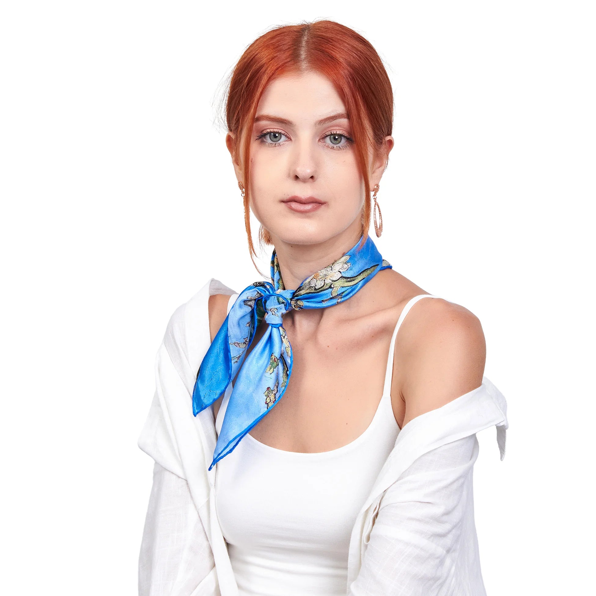 %100 İpek Mavi Fular Bandana | Van Gogh Badem Ağacı | Nomads Felt