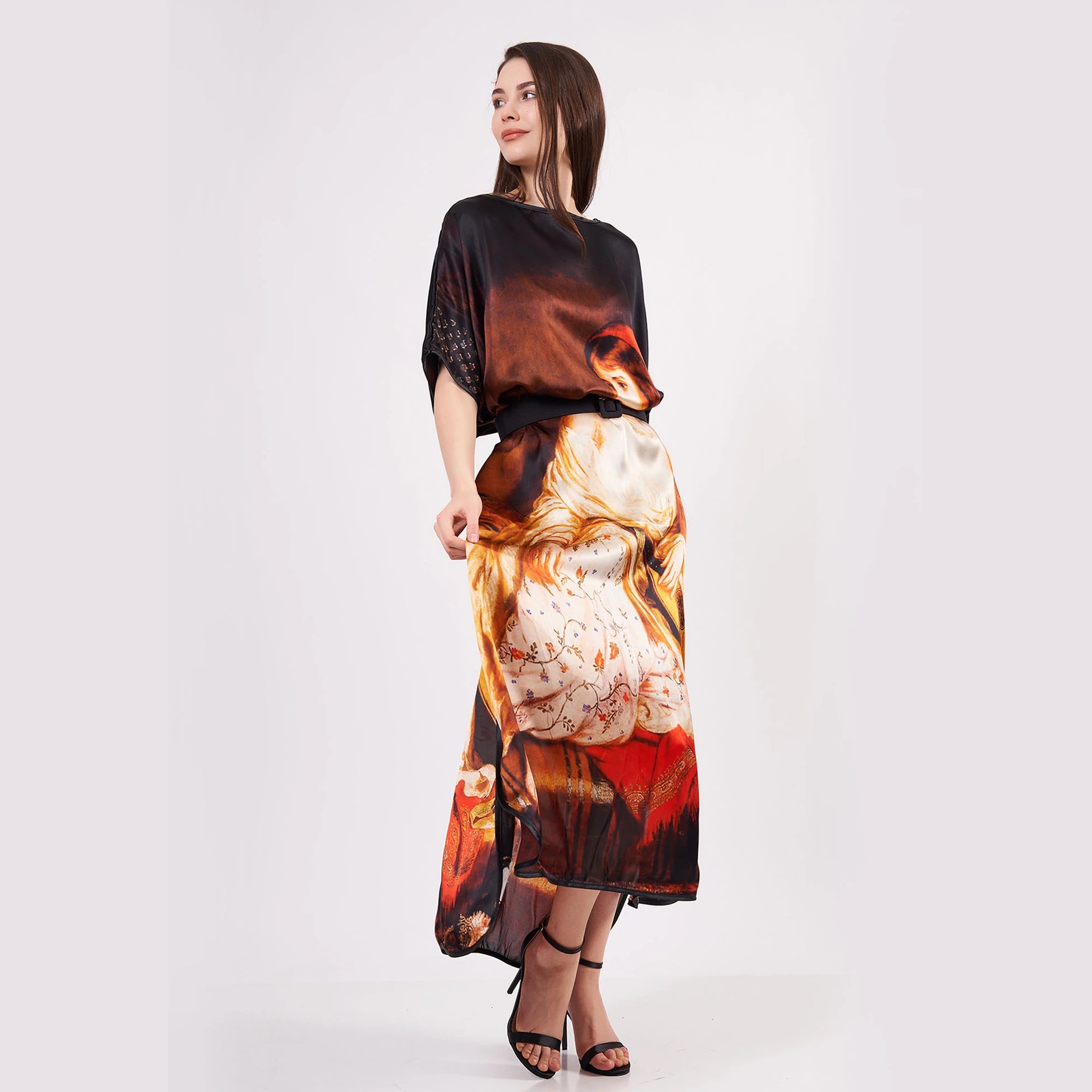 %100 İpek Uzun Elbise | Siyah Harem Desen | Nomads Felt