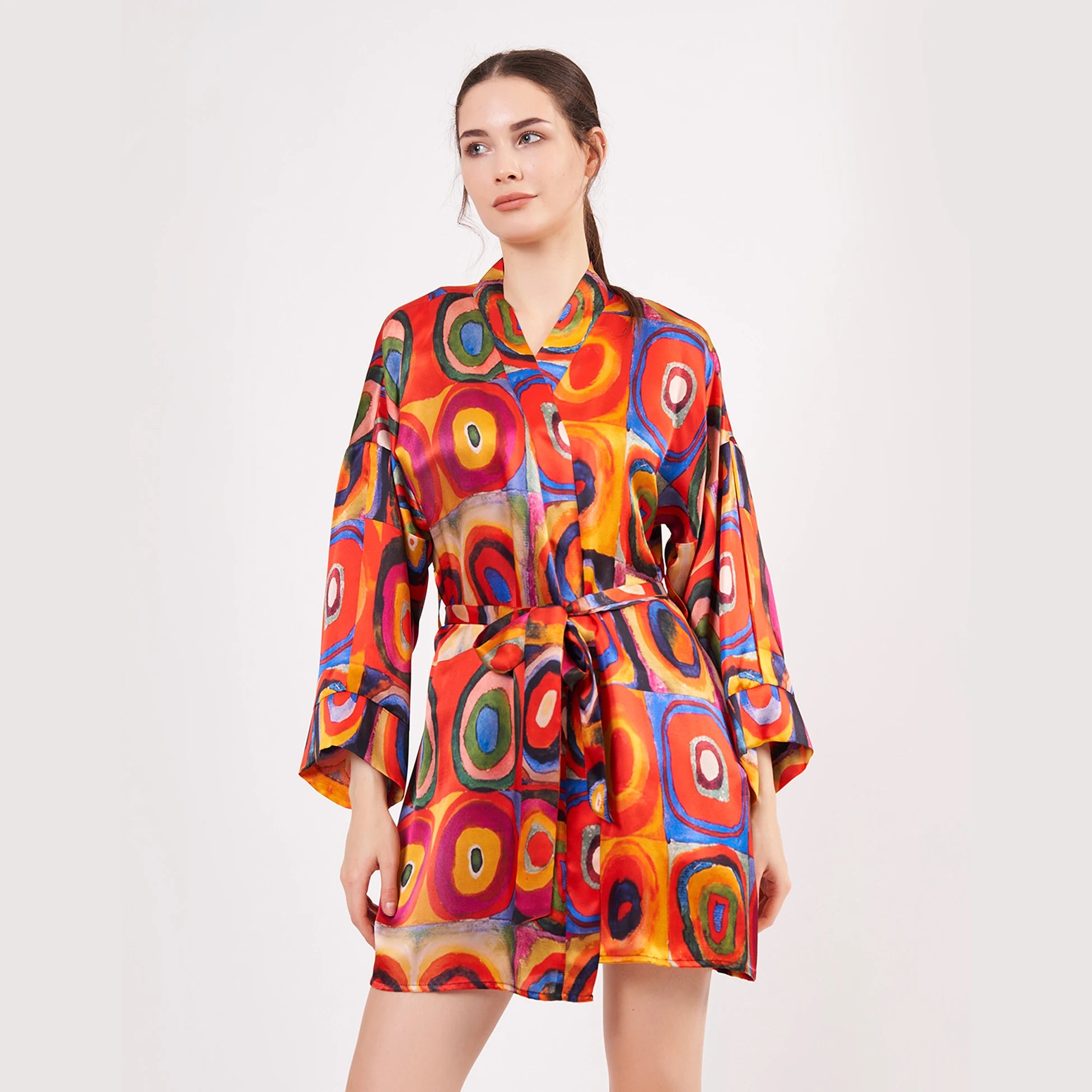 Saf İpek Kısa Kimono Kaftan | Kandinsky Squares with Circles | Nomads Felt