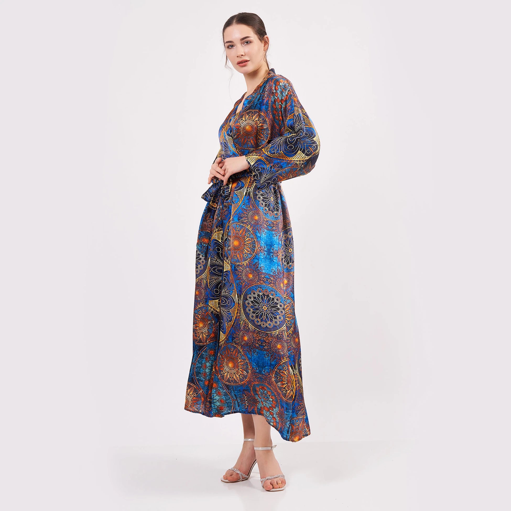 Saf İpek Uzun Kimono Kaftan | Mavi Mandala Desen 1 | Nomads Felt