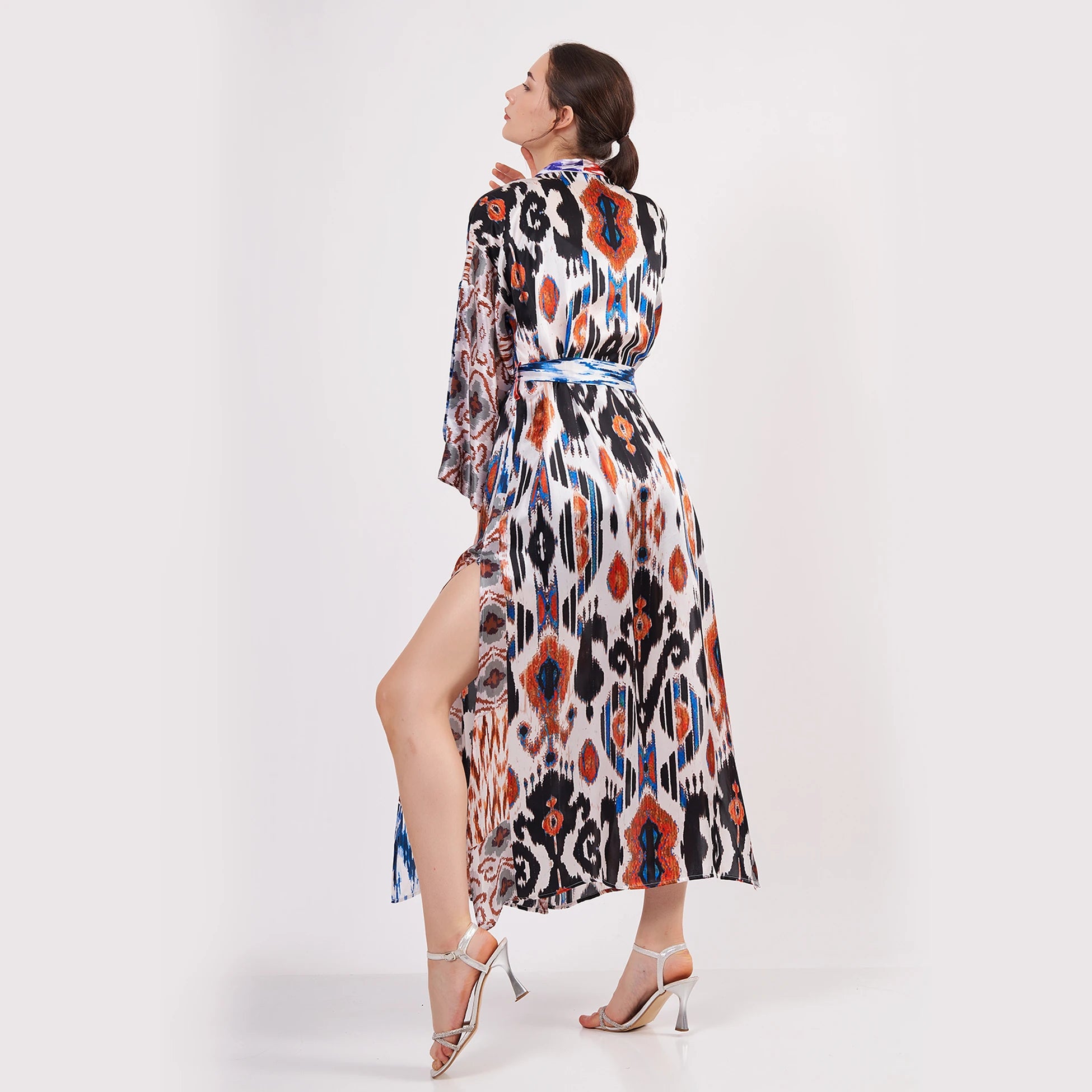 %100 İpek Uzun Kimono Kaftan | Ikat Desen 9 | Nomads Felt