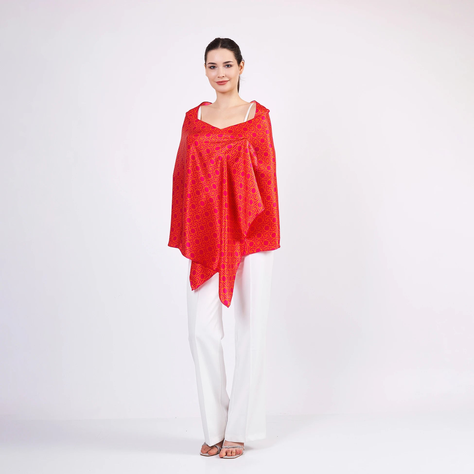 Saf İpek Fular | 70x200 | Fuşya-Turuncu | Selçuklu Vektörel Yıldız Desen | Nomads Felt