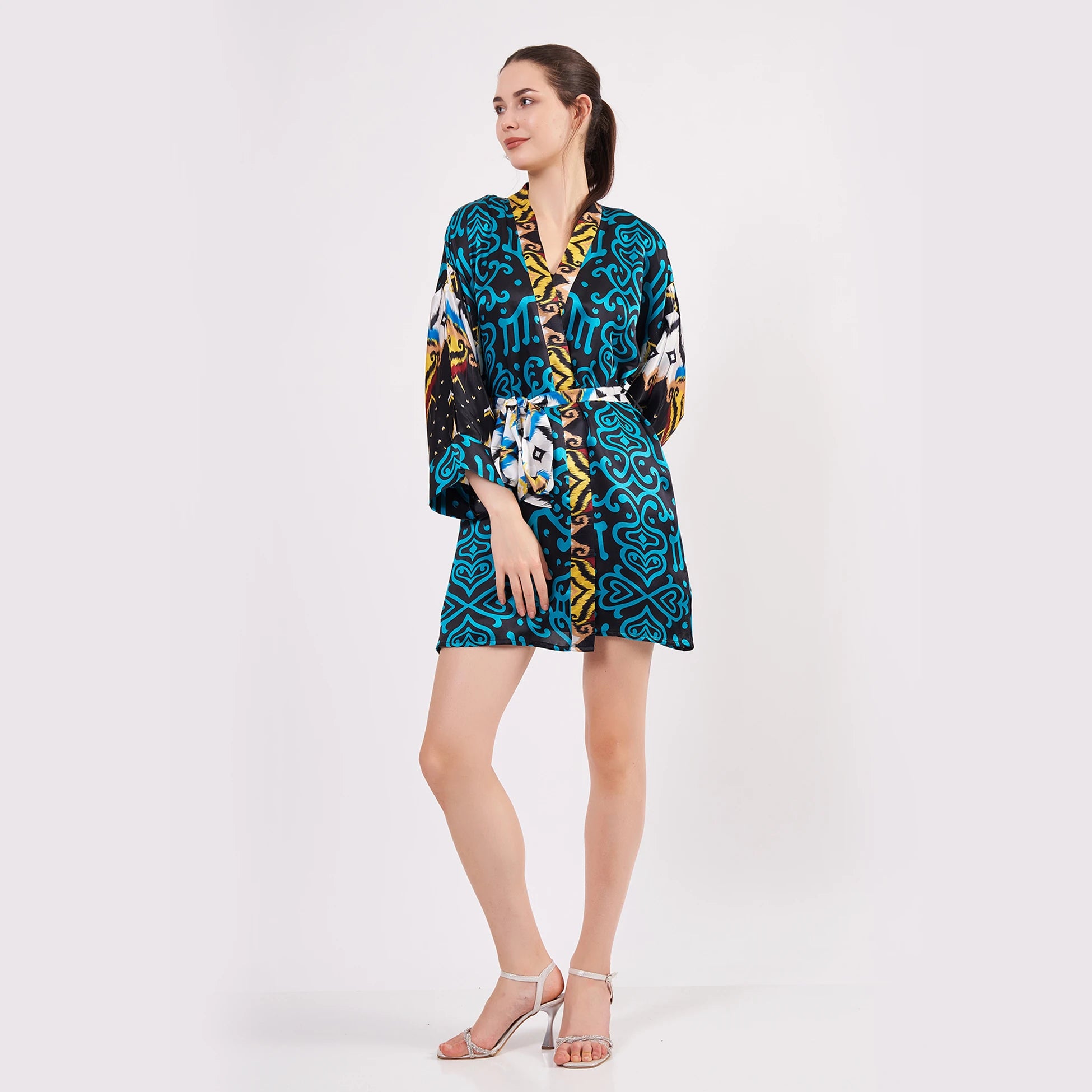 Saf İpek Kısa Kimono Kaftan | Ikat Desen 3 Turkuaz | Nomads Felt
