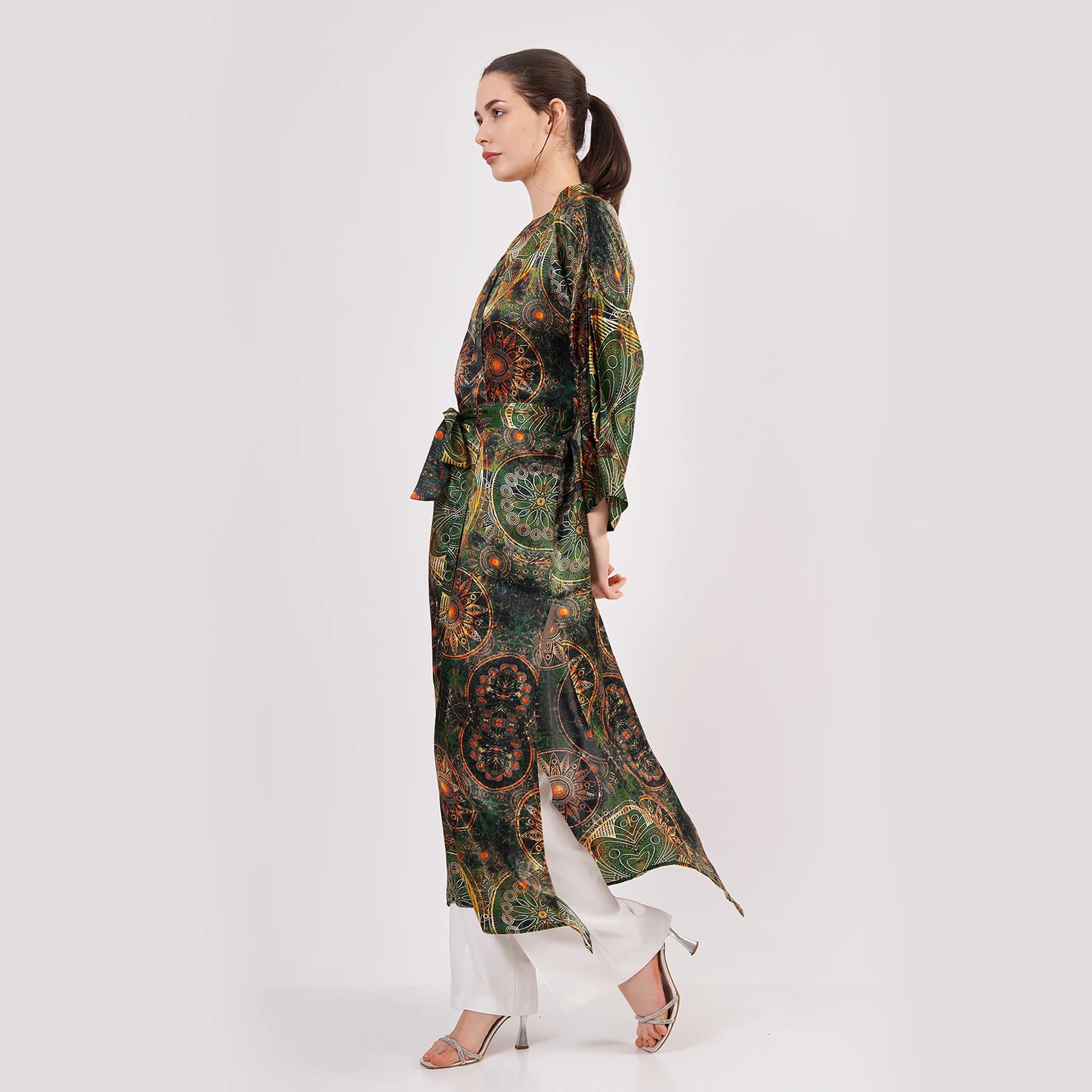 Saf İpek Kimono Kaftan | Mandala Desen | Haki