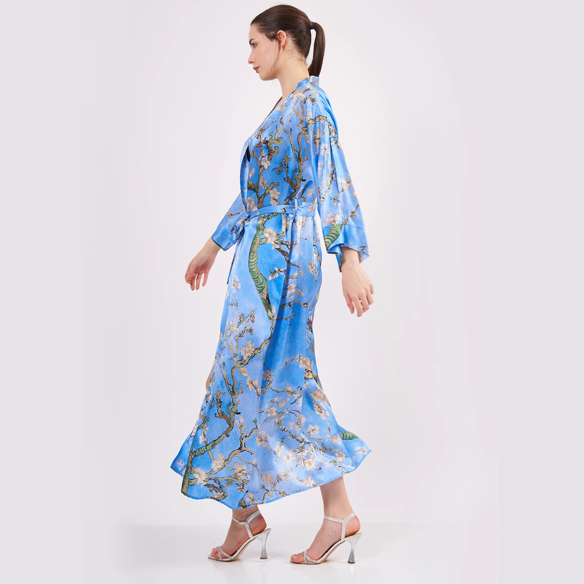 %100 İpek Kimono Kaftan | Mavi | Van Gogh Badem Ağacı | Nomads Felt