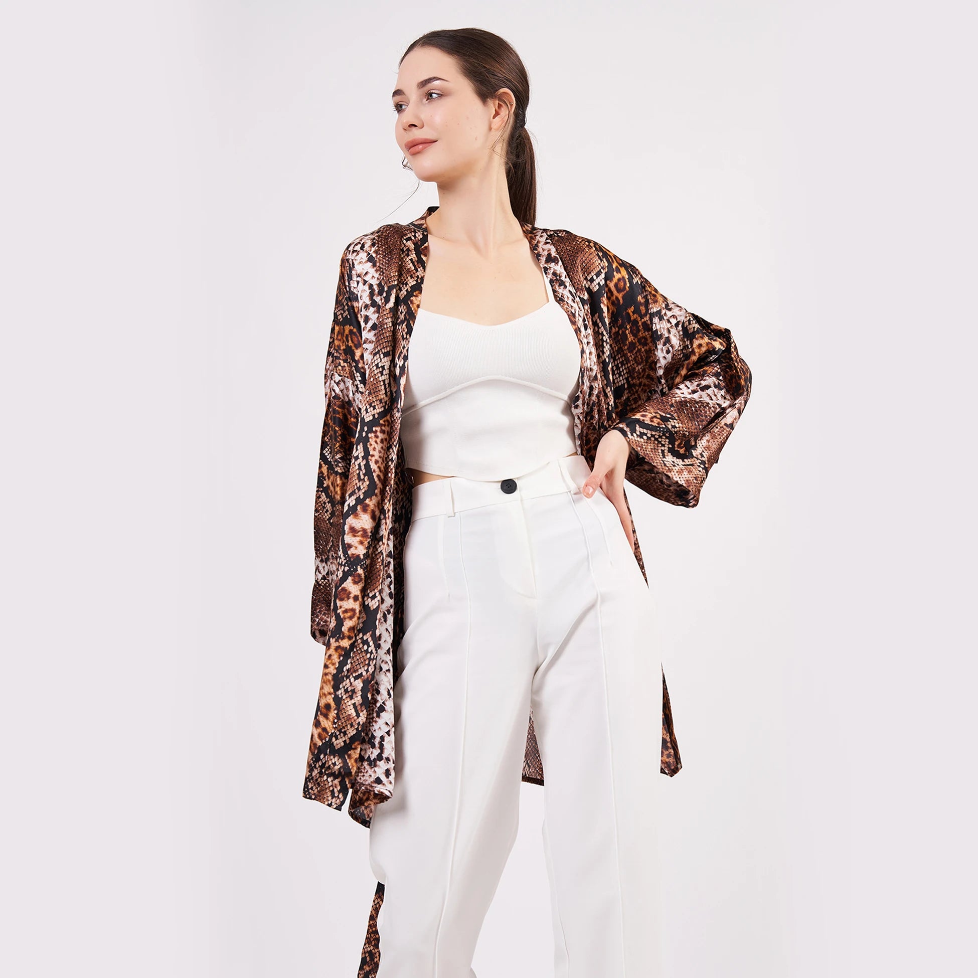 Saf İpek Kısa Kimono Kaftan | Yılan Derisi Desen Kahverengi | Nomads Felt