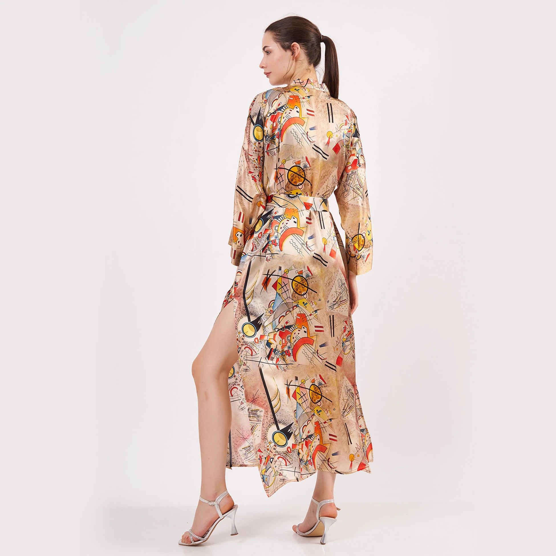 %100 İpek Uzun Kimono Kaftan | Kandinsky Bustling Aquarelle | Nomads Felt