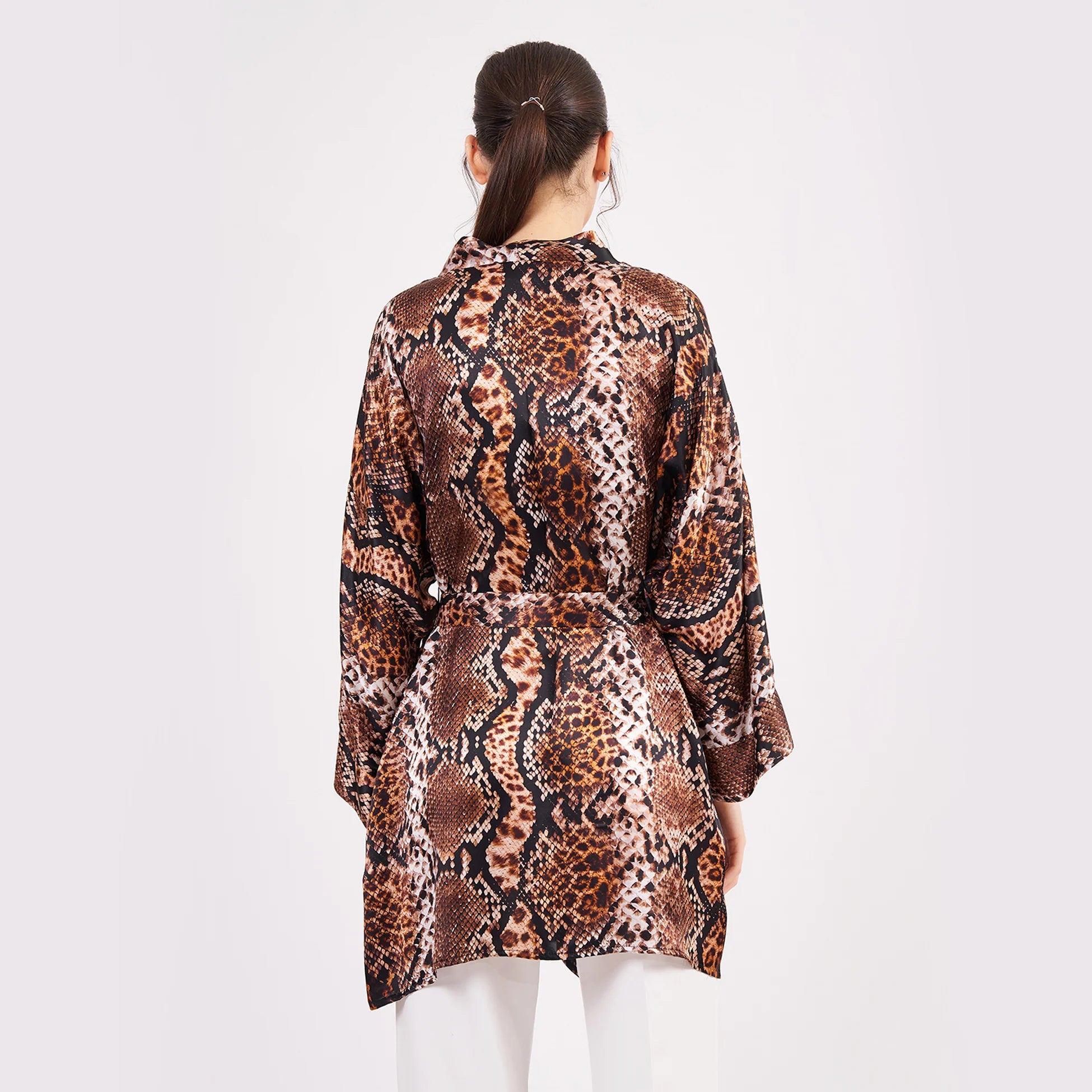 Saf İpek Kısa Kimono Kaftan | Yılan Derisi Desen Kahverengi | Nomads Felt
