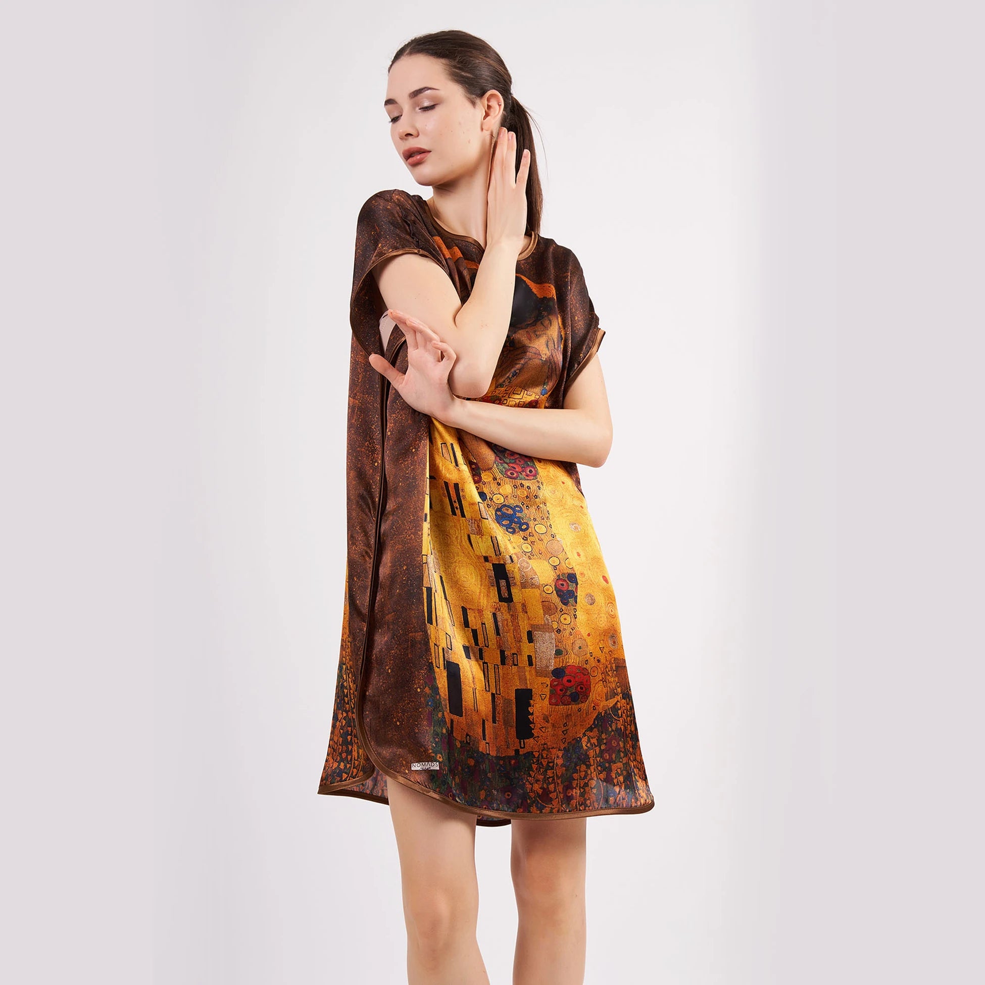 %100 İpek Kısa Elbise | Gustav Klimt The Kiss | Nomads Felt