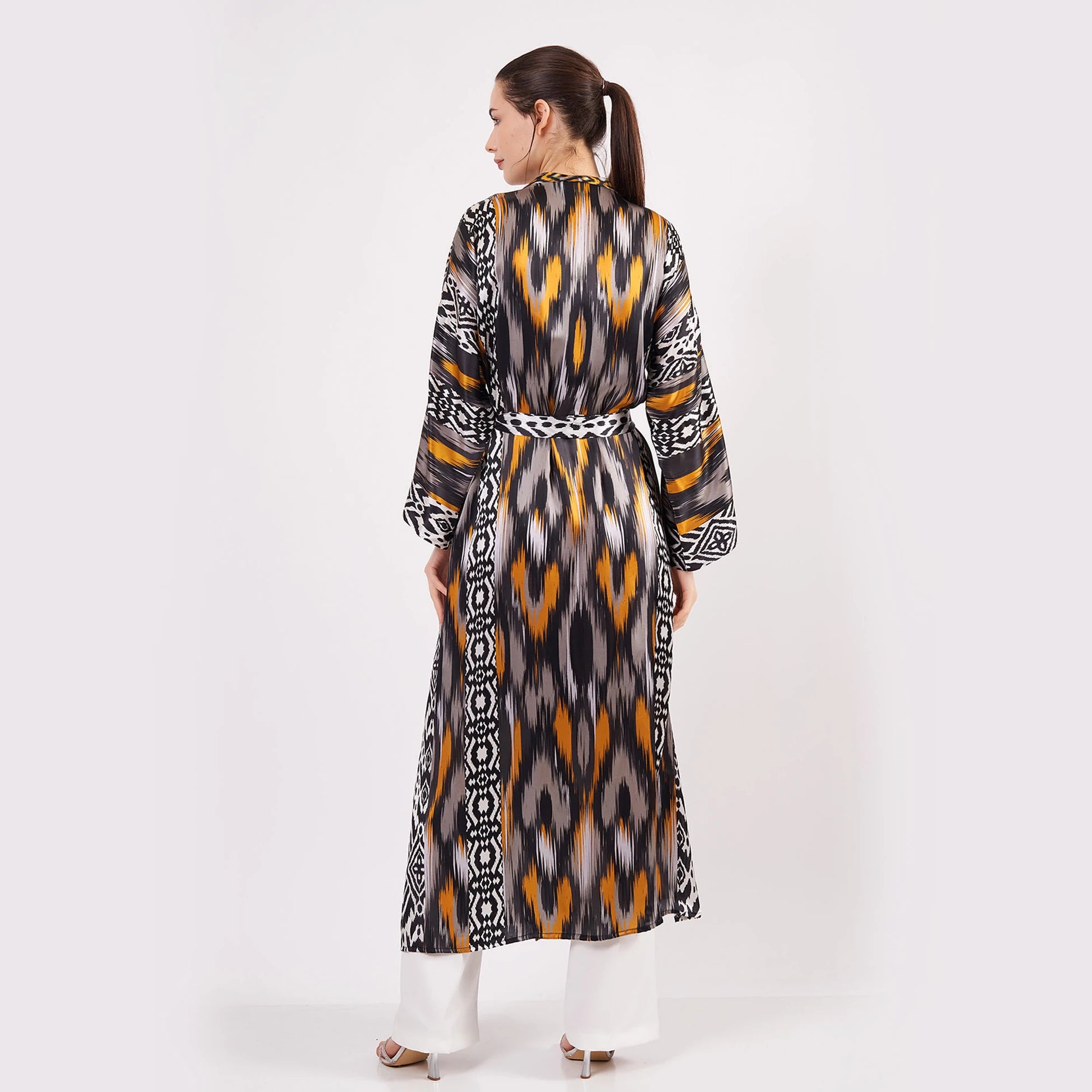 Saf İpek Uzun Kimono Kaftan | Ikat Desen 14 | Nomads Felt