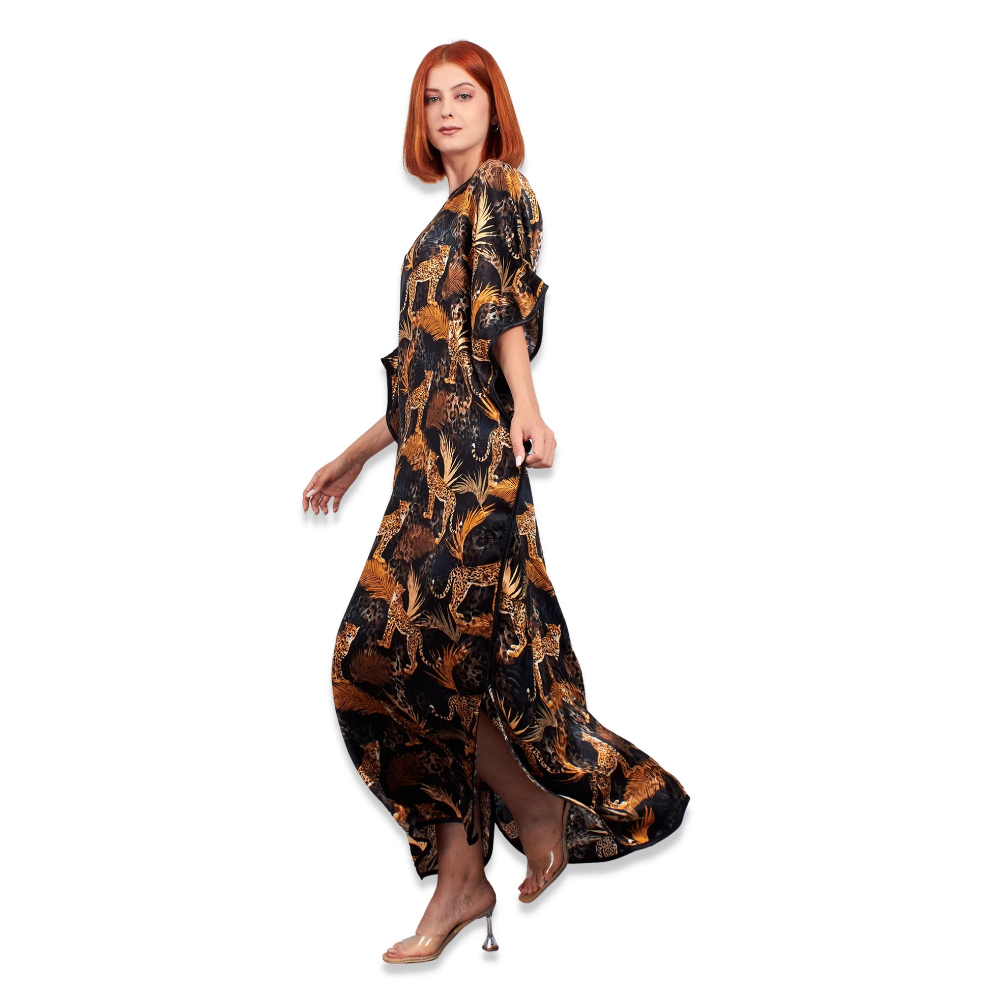 Siyah Gold Leopar Desenli İpek Elbise