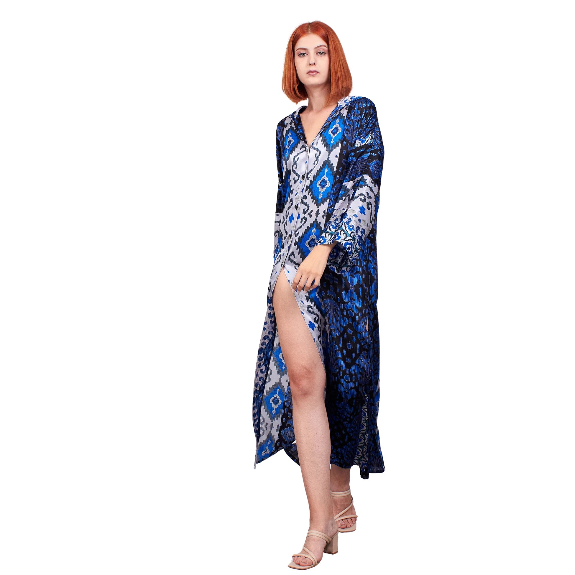 %100 İpek Kapüşonlu Kimono | Mavi İkat Desen 9 | Nomads Felt