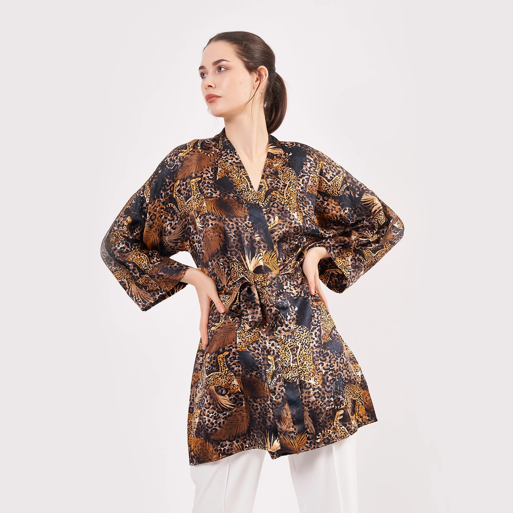 Saf İpek Kısa Kimono Kaftan | Leopar Desen | Nomads Felt