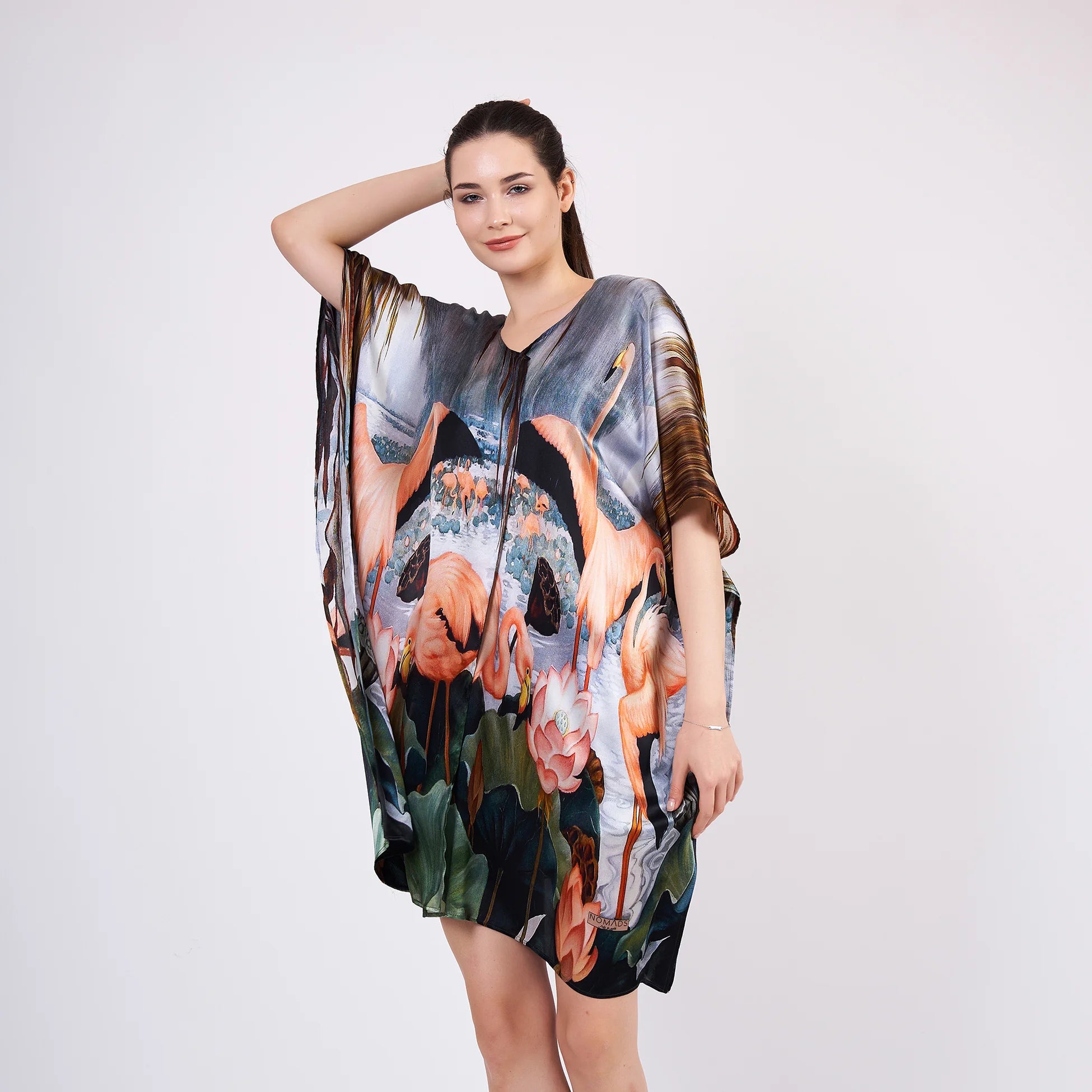 %100 İpek Kısa Kimono Pareo | Flamingo Desen | Nomads Felt
