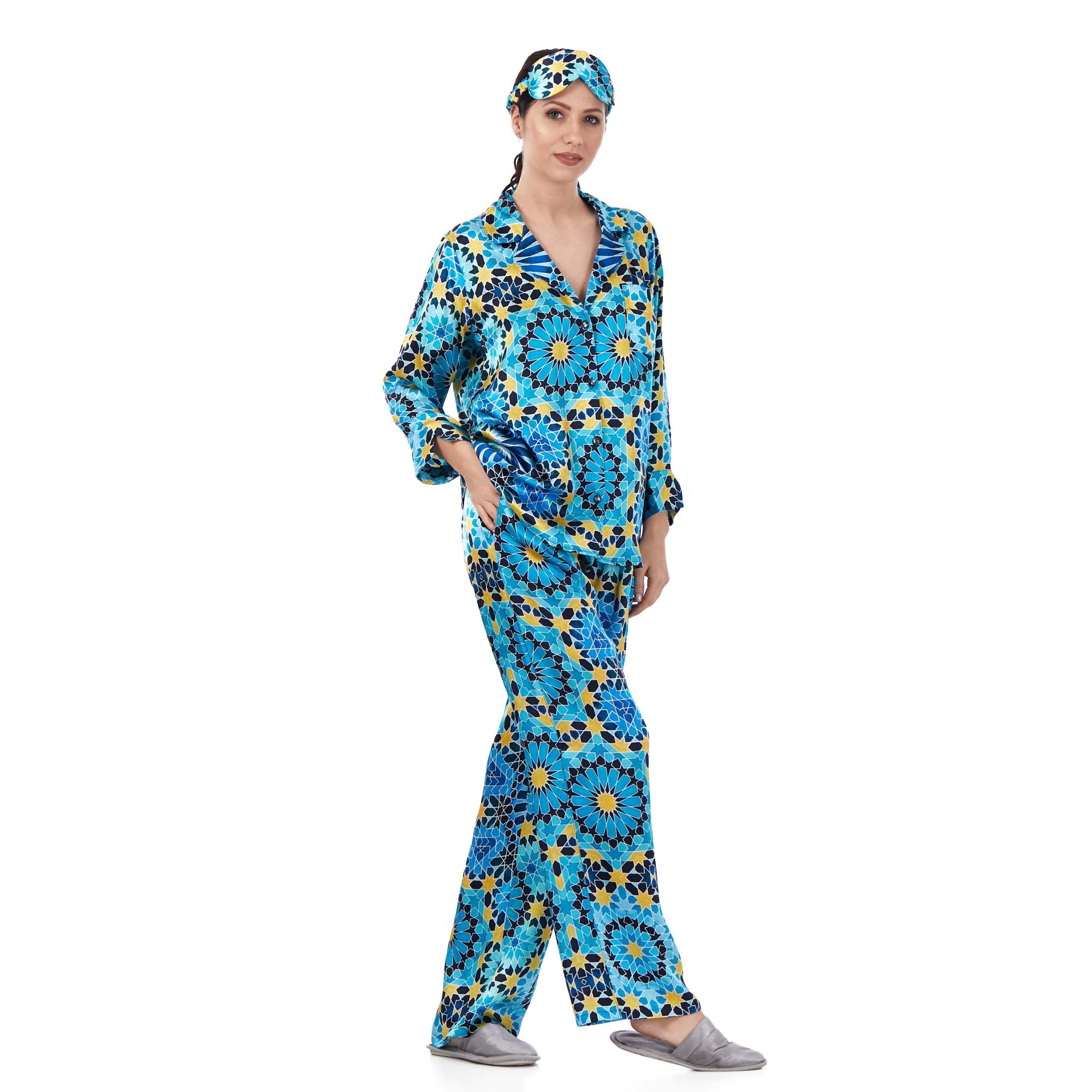 %100 İpek Gömlek-Pantolon / Pijama Takımı | Mavi Desenli | Nomads Felt