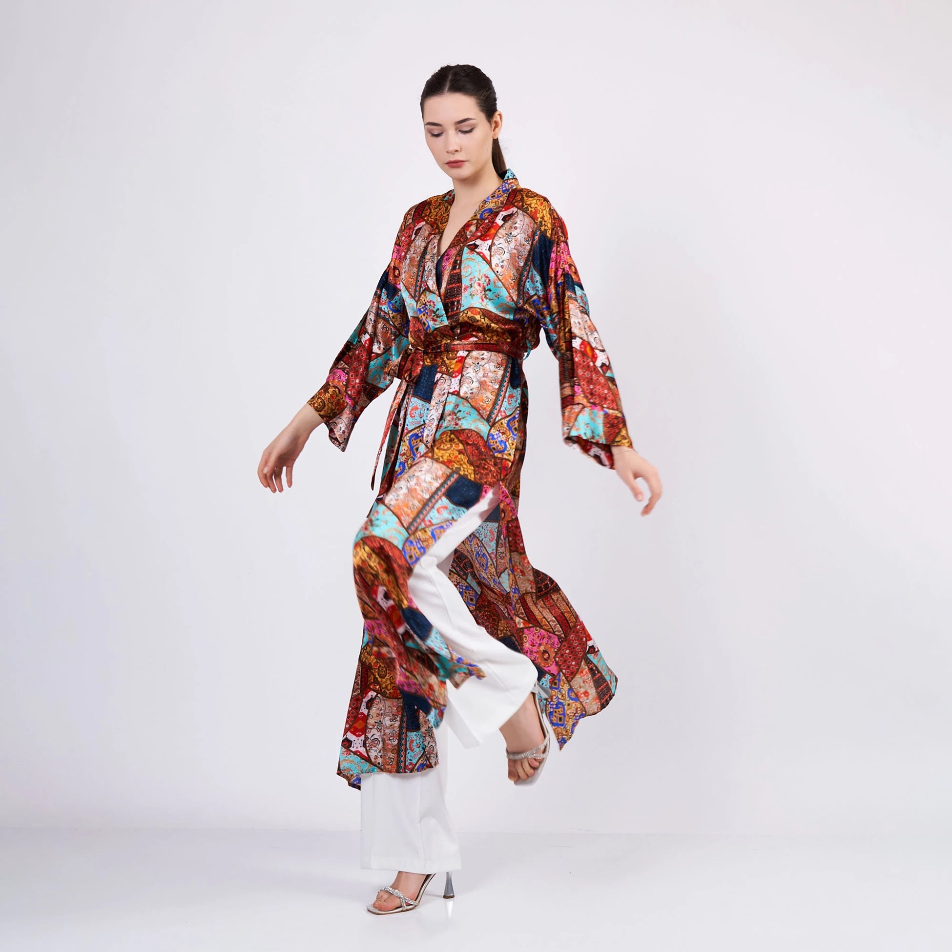 İpek Uzun Kimono Kaftan | Etnik Desen 1 | Nomads Felt