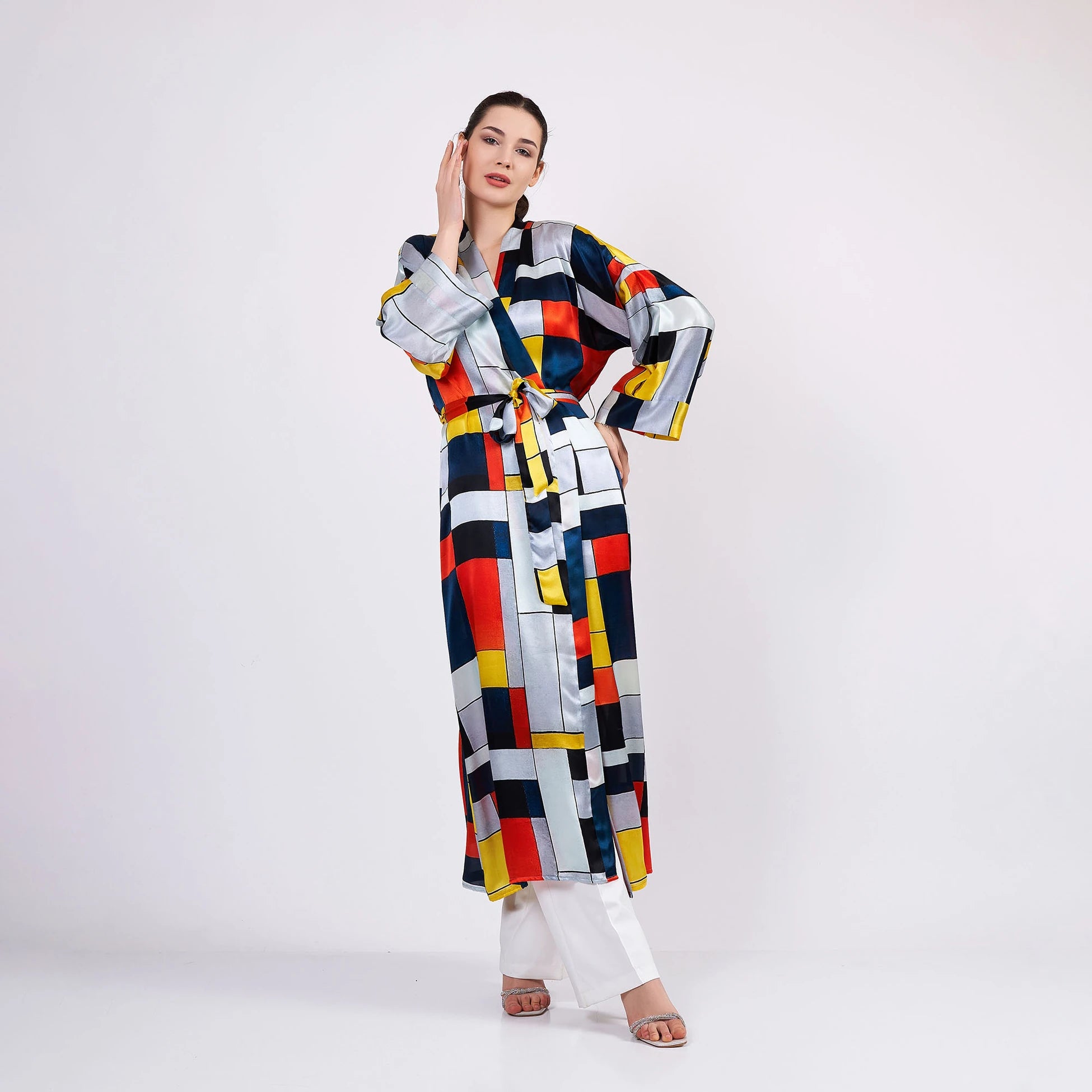 Saf İpek Uzun Kimono Kaftan | Geometrik Desen | Nomads Felt