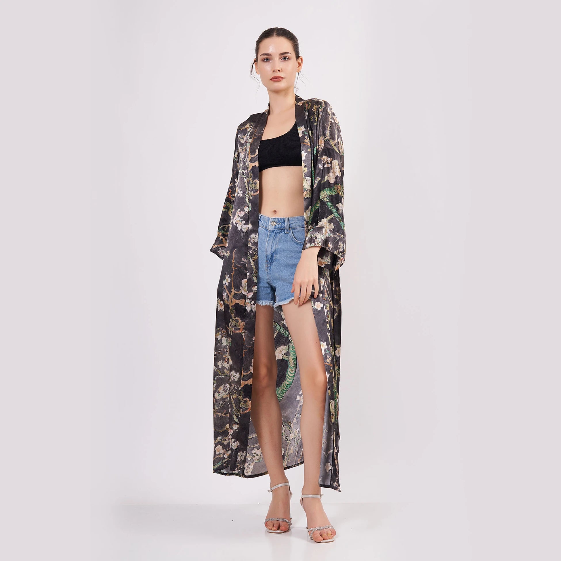 %100 İpek Kimono Kaftan | Antrasit | Van Gogh Badem Ağacı | Nomads Felt