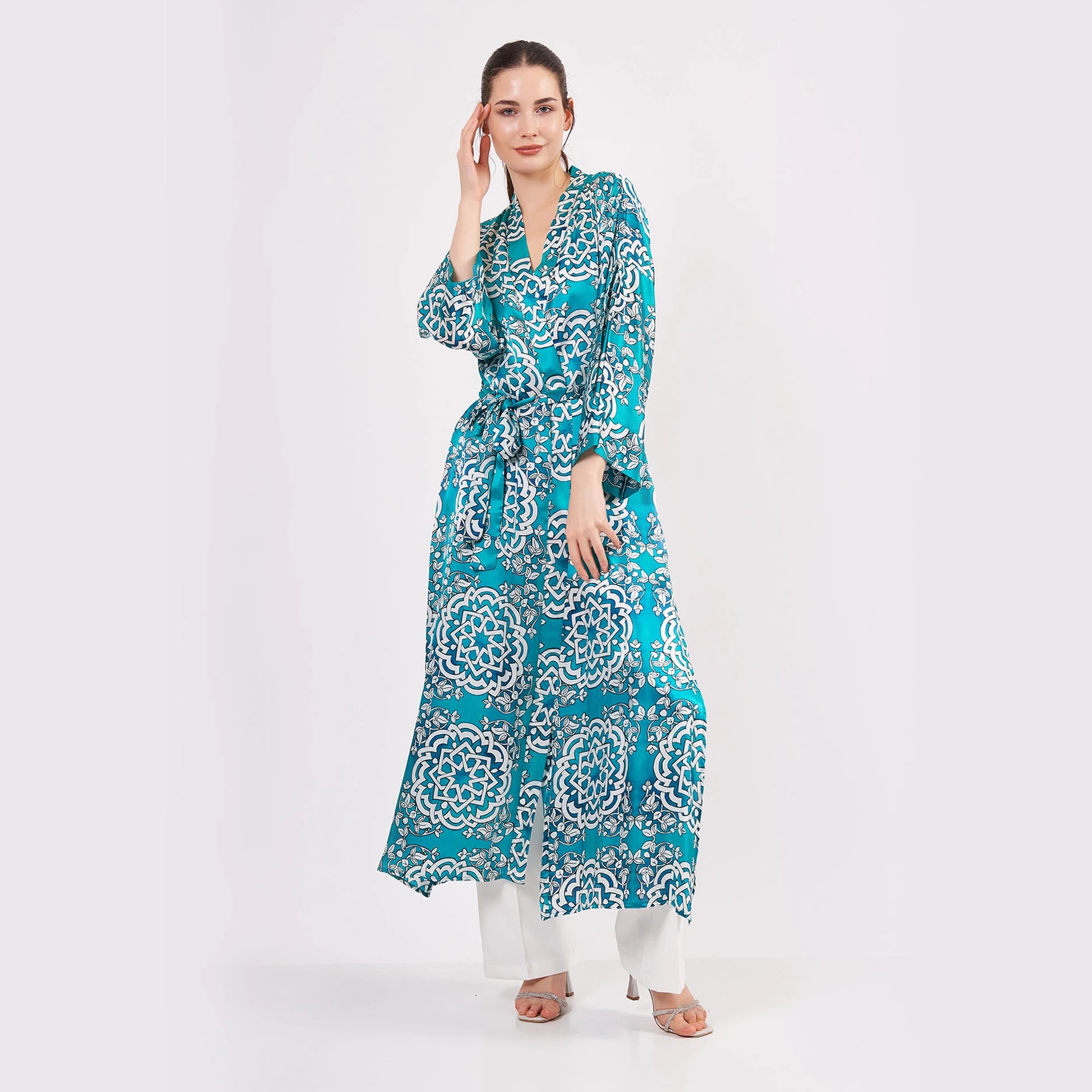 Saf İpek Uzun Kimono Kaftan | Çini Desen Turkuaz | Nomads Felt