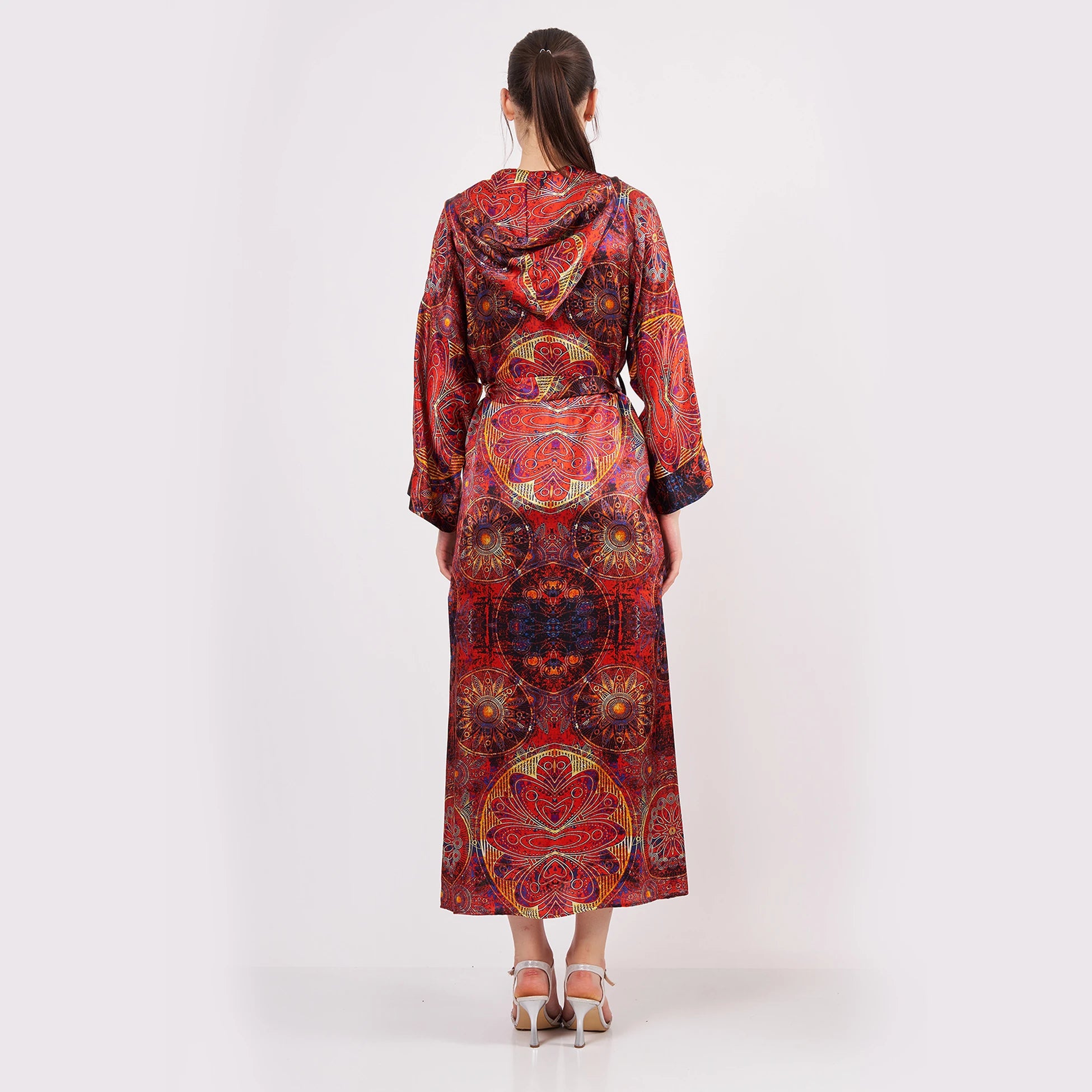 Saf İpek Kapüşonlu Kimono Kaftan | Mandala Desen Kırmızı | Nomads Felt