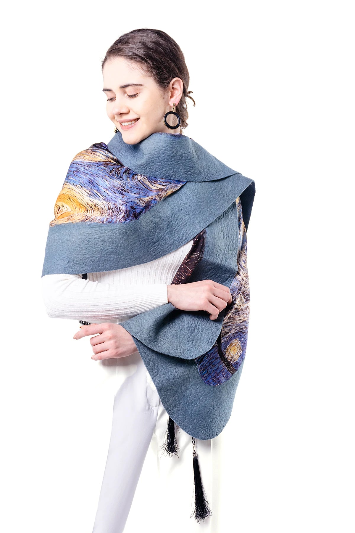 İpek Keçe Şal | Gri Van Gogh Starry Night | Nomads Felt