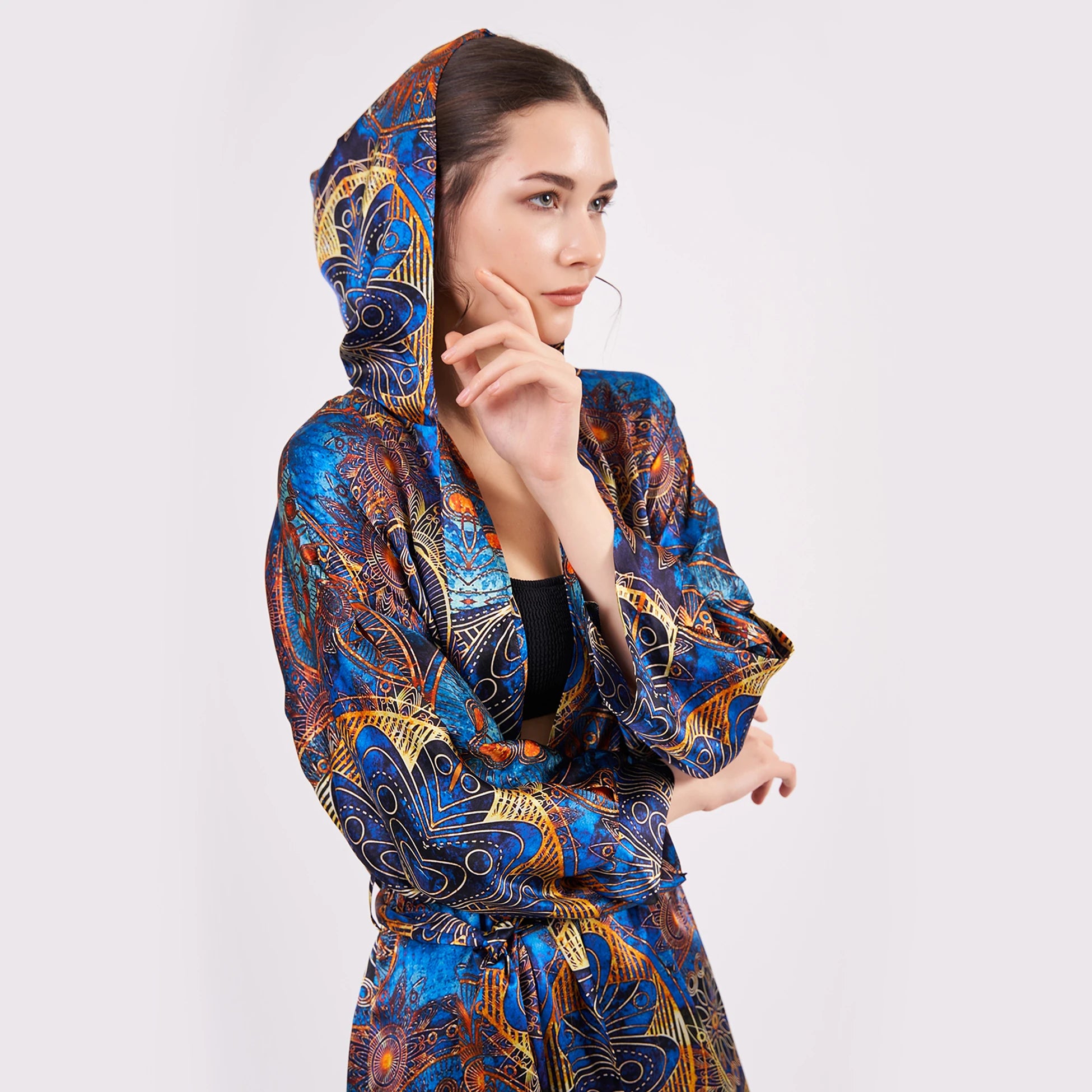 Saf İpek Kapüşonlu Kimono Kaftan | Mandala Desen Mavi | Nomads Felt