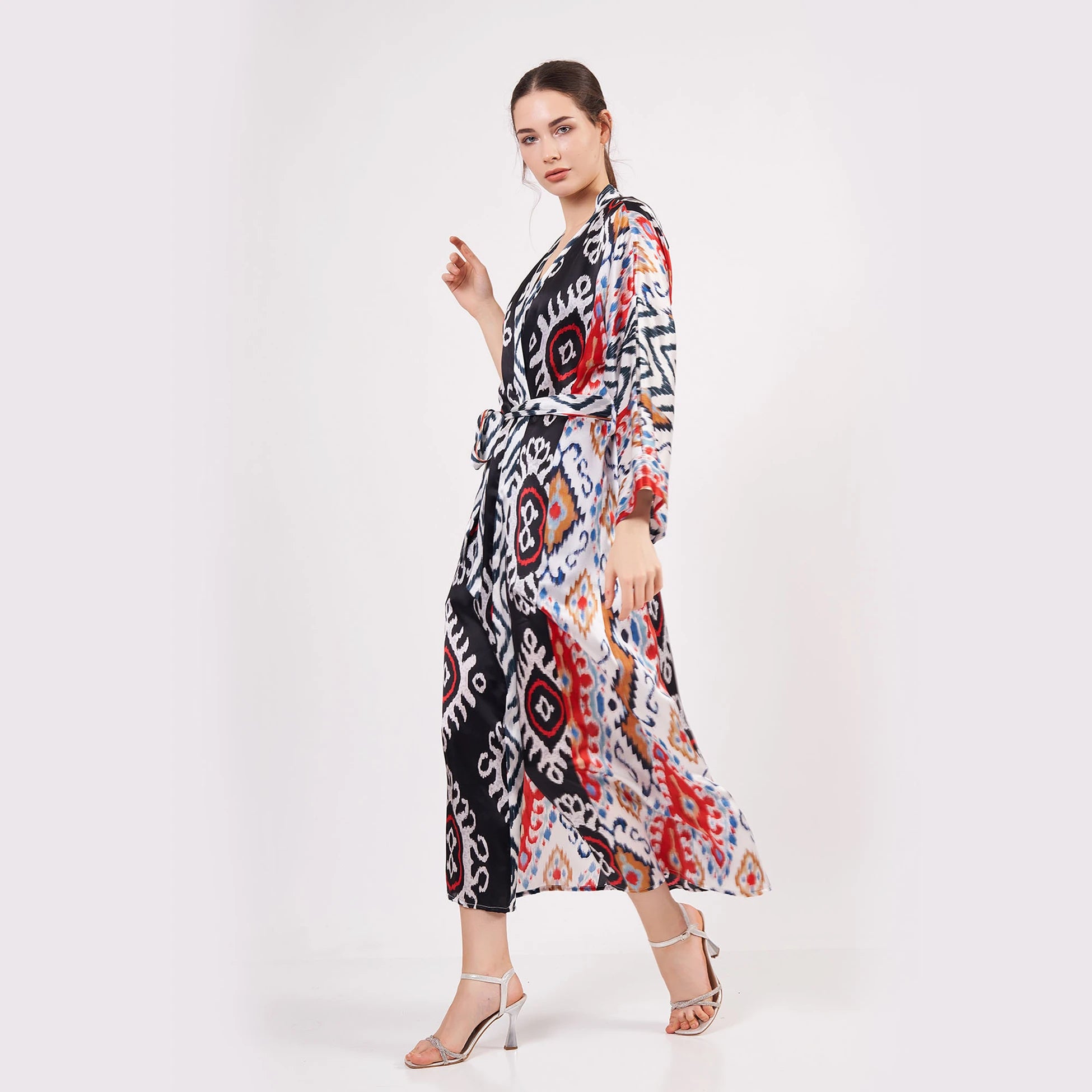 %100 İpek Uzun Kimono Kaftan | Ikat Desen 16 | Nomads Felt