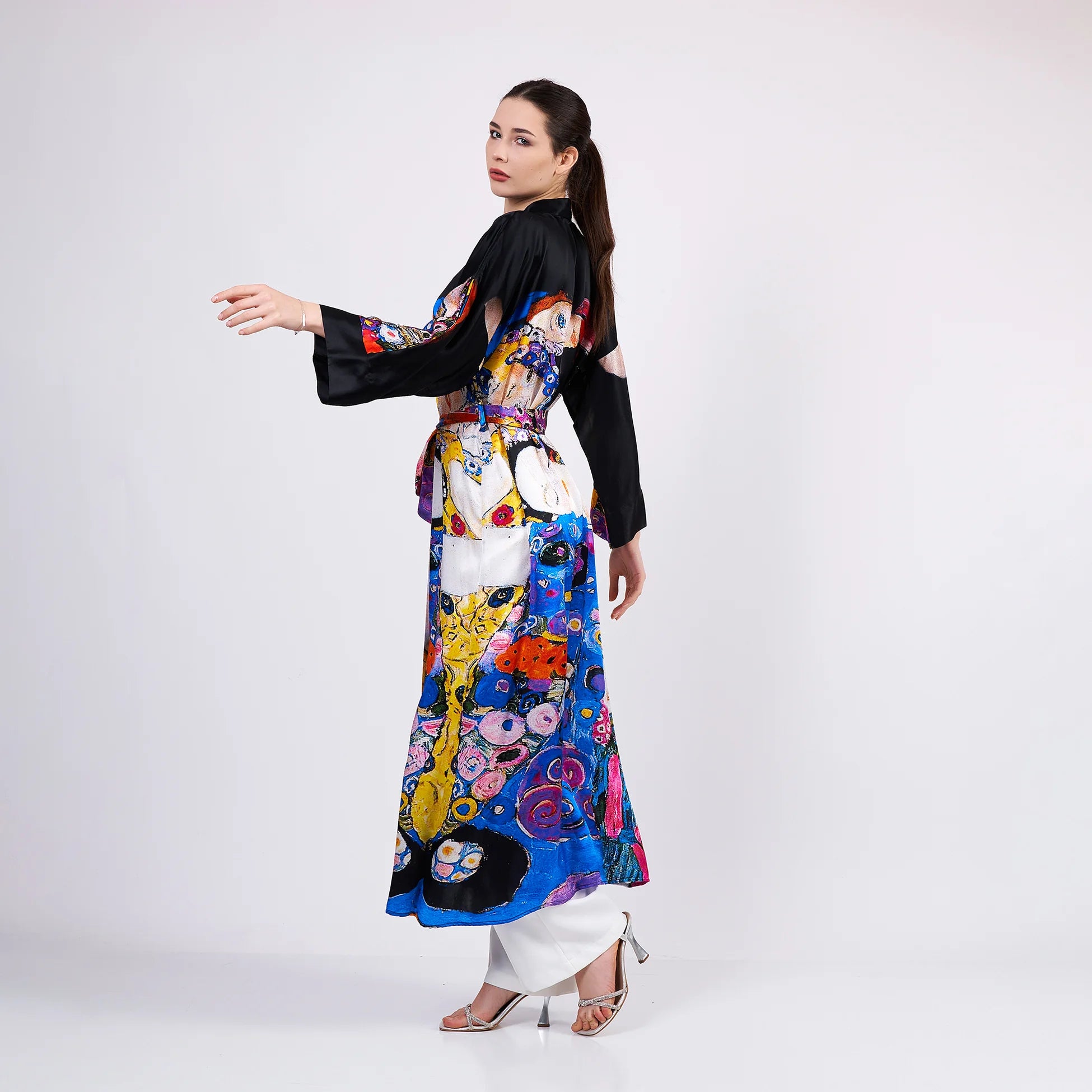 %100 İpek Uzun Kimono Kaftan | Gustav Klimt The Virgins | Nomads Felt