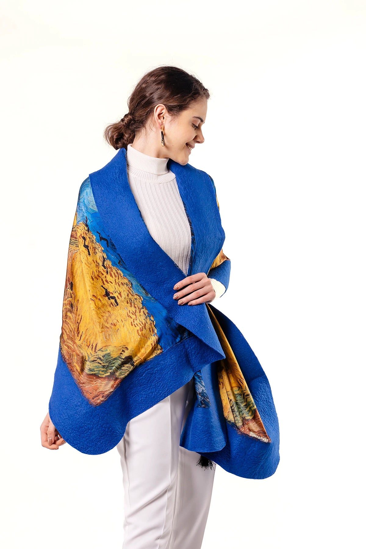 İpek-Keçe Şal | Mavi Van Gogh Wheatfield with Crows | Nomads Felt