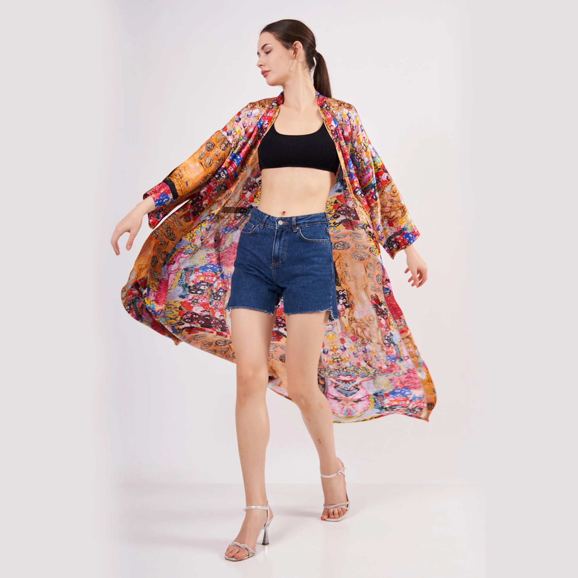 %100 İpek Uzun Kimono Kaftan | Çiçek Desen | Nomads Felt