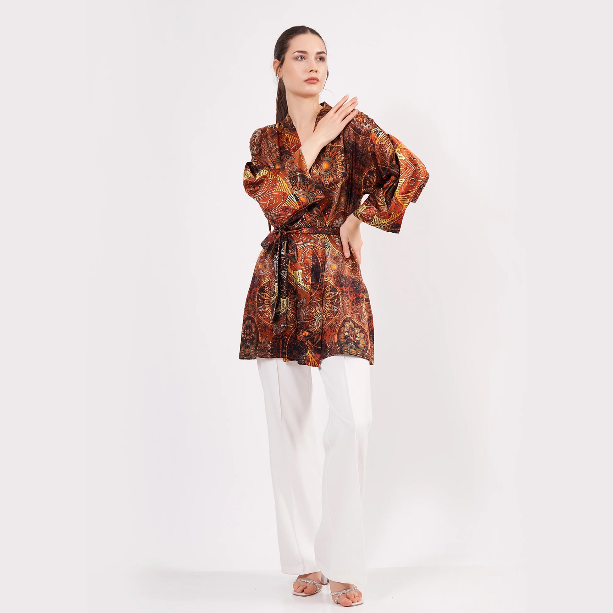 Saf İpek Kısa Kimono Kaftan | Mandala Desen 6 Kahverengi | Nomads Felt