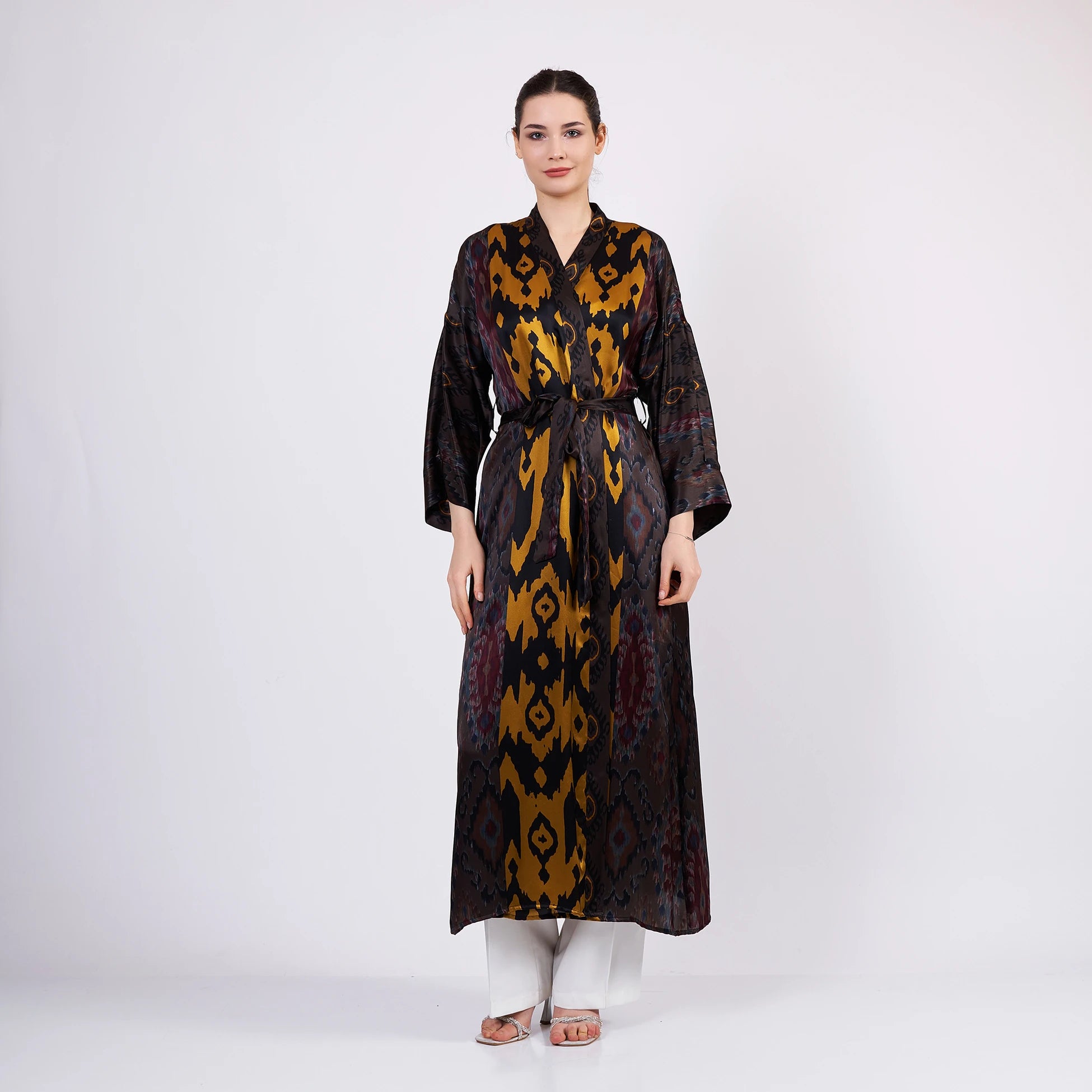 İpek Uzun Kimono Kaftan | Siyah-Gold Ikat Desen