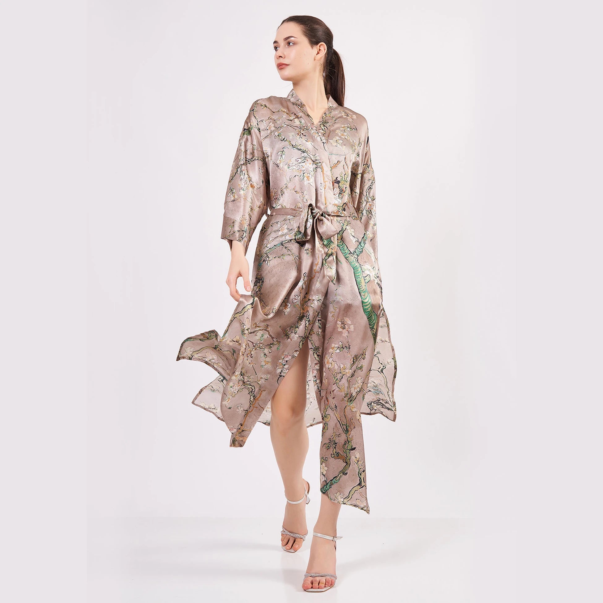 %100 İpek Kimono Kaftan | Bej | Van Gogh Badem Ağacı | Nomads Felt