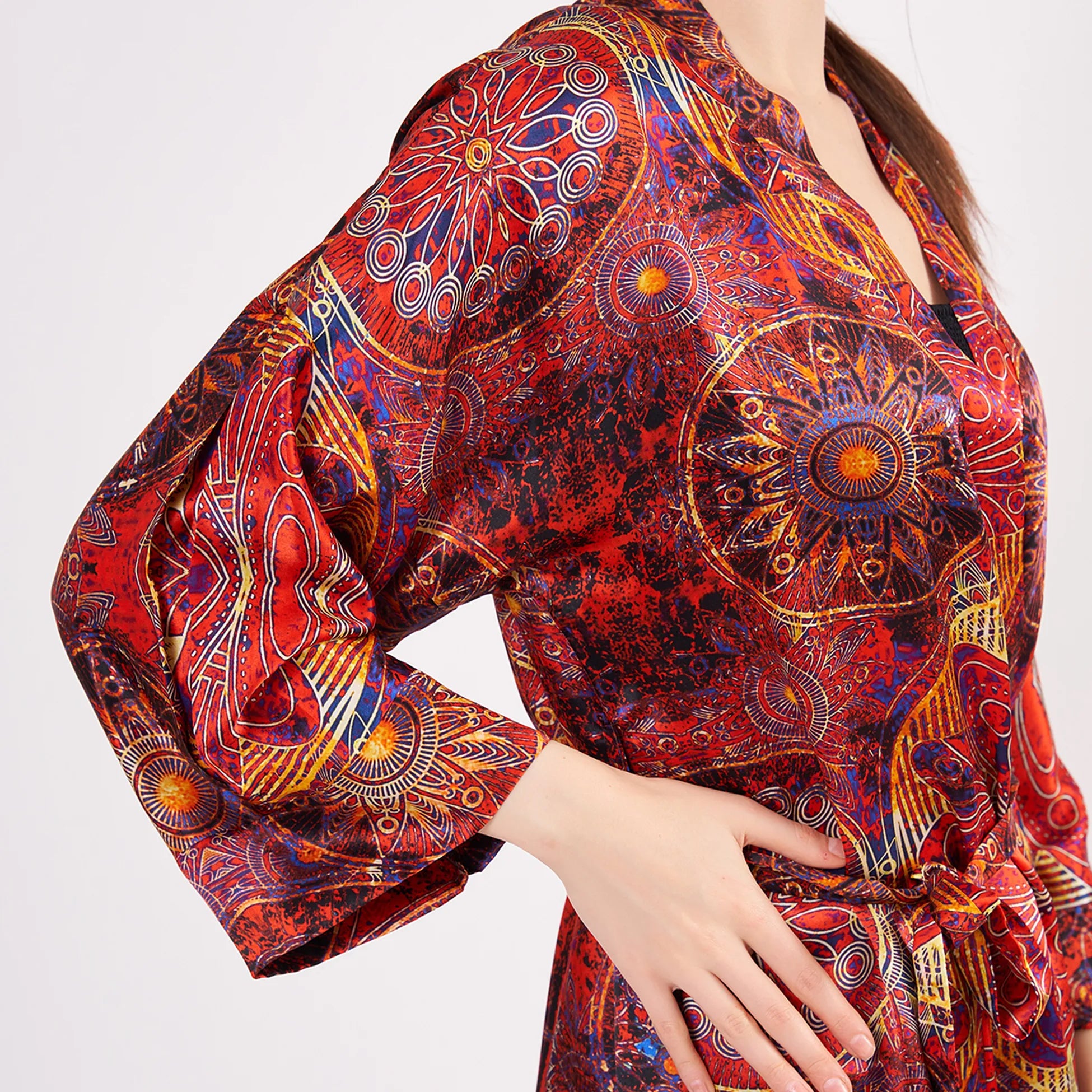 Saf İpek Kısa Kimono Kaftan | Mandala Desen Kırmızı | Nomads Felt