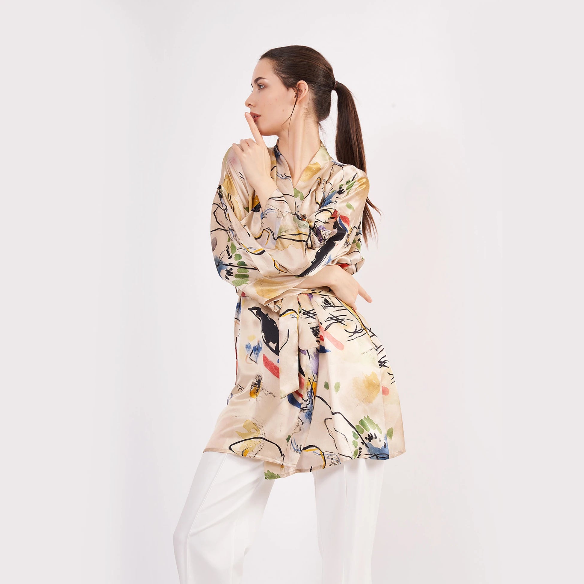 Saf İpek Kısa Kimono Kaftan | Kandinsky Composition | Nomads Felt