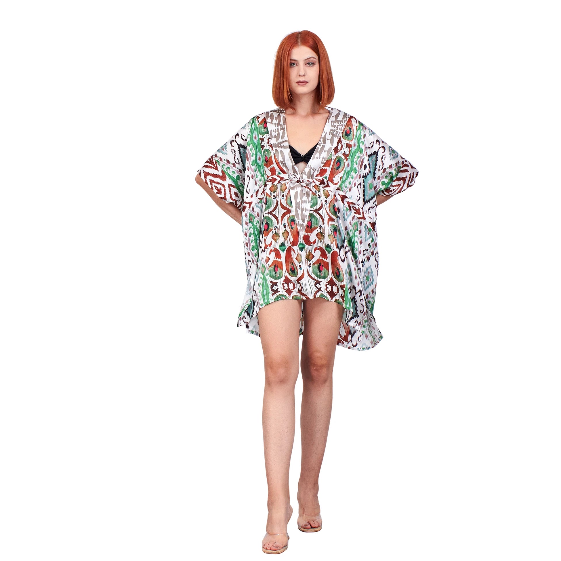 İpek Yeşil Kimono Elbise Etnik İkat Desen | Nomads Felt