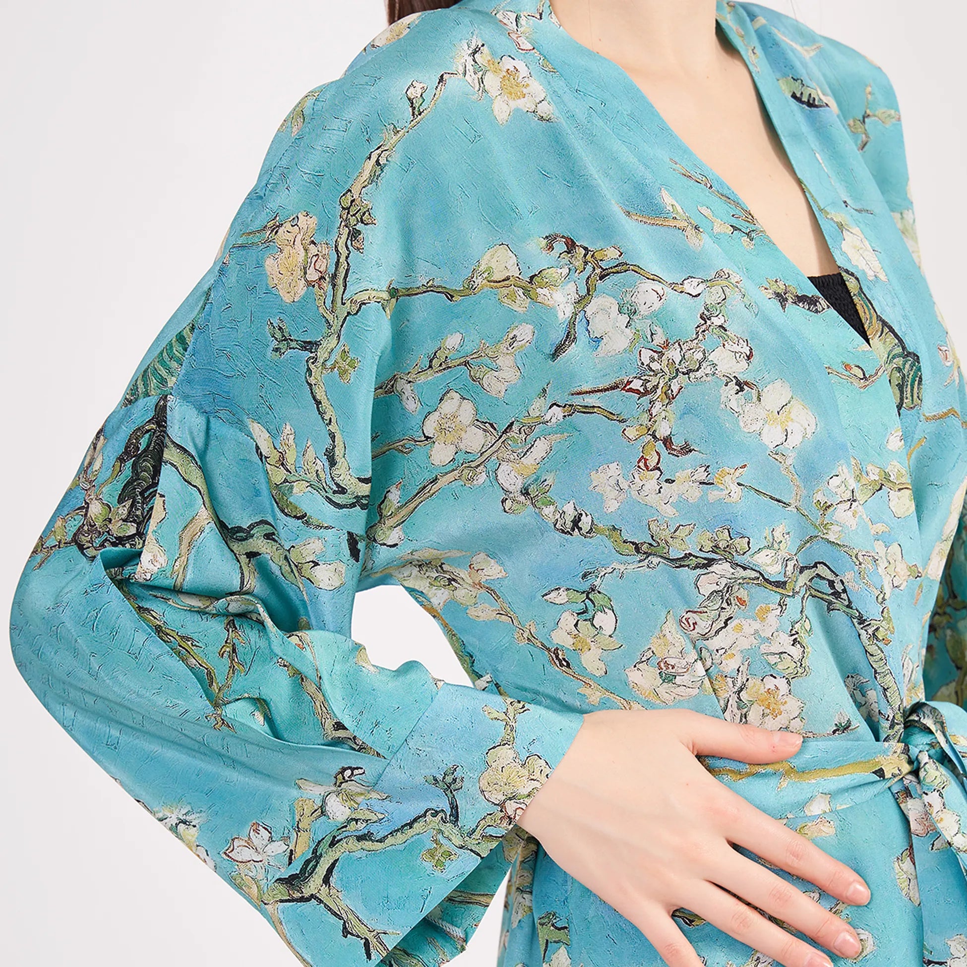 Saf İpek Kısa Kimono Kaftan | Van Gogh Badem Ağacı Turkuaz | Nomads Felt