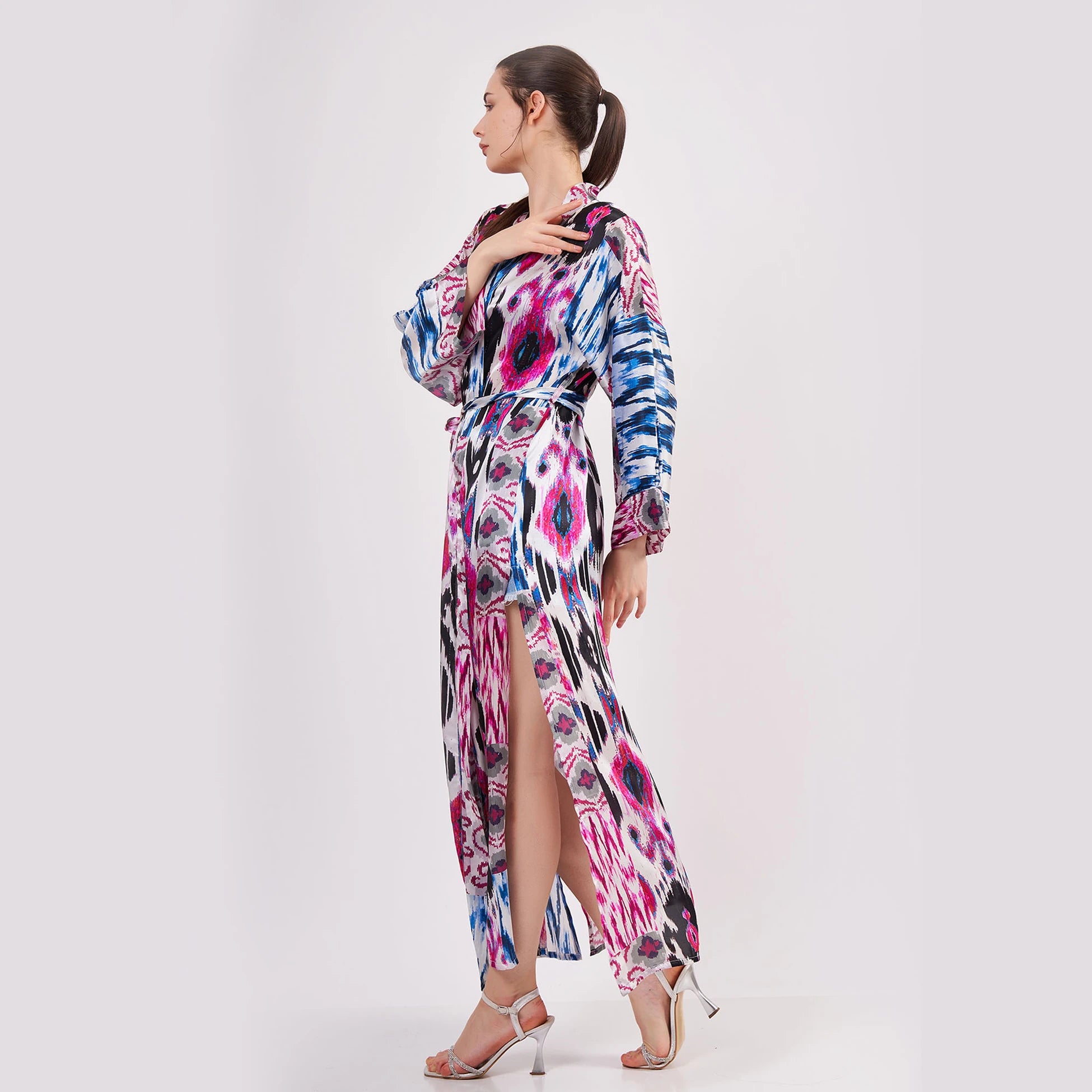 Saf İpek Uzun Kimono Kaftan | Ikat Desen 15 | Nomads Felt