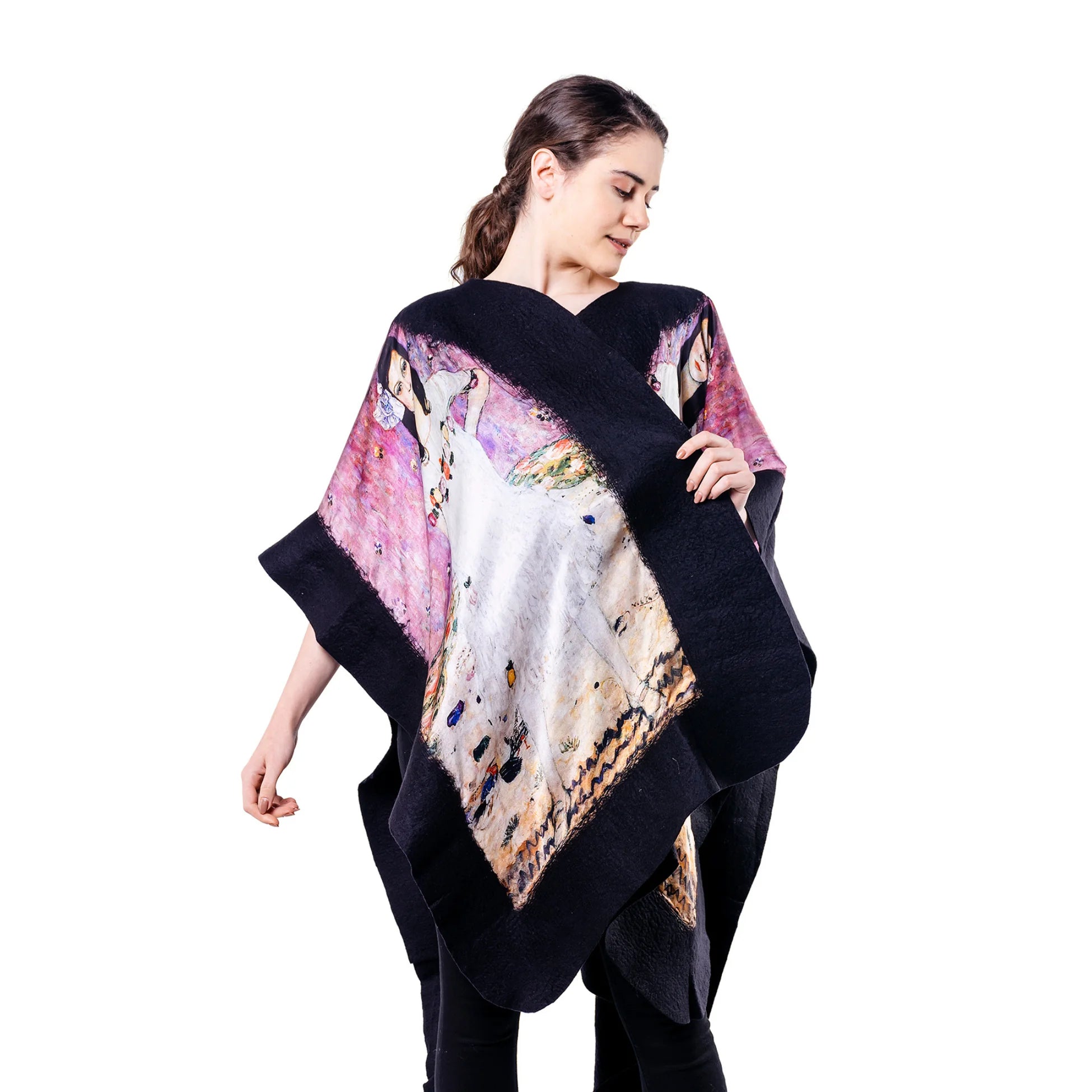 İpek Keçe Panço | Siyah Gustav Klimt Mada Primavesi | Nomads Felt