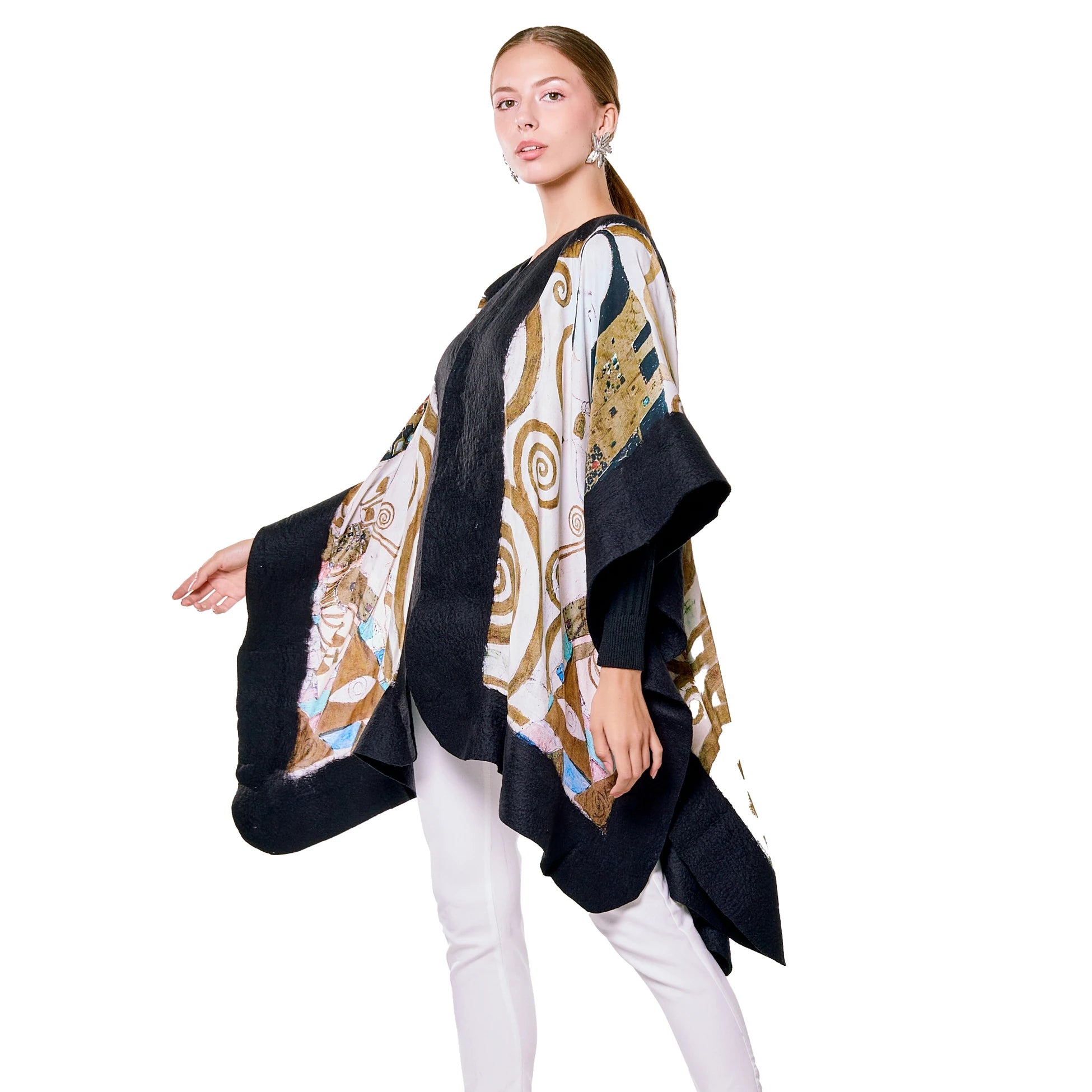 Kadın İpek-Keçe Panço | Siyah Gustav Klimt Expectation | Nomads Felt