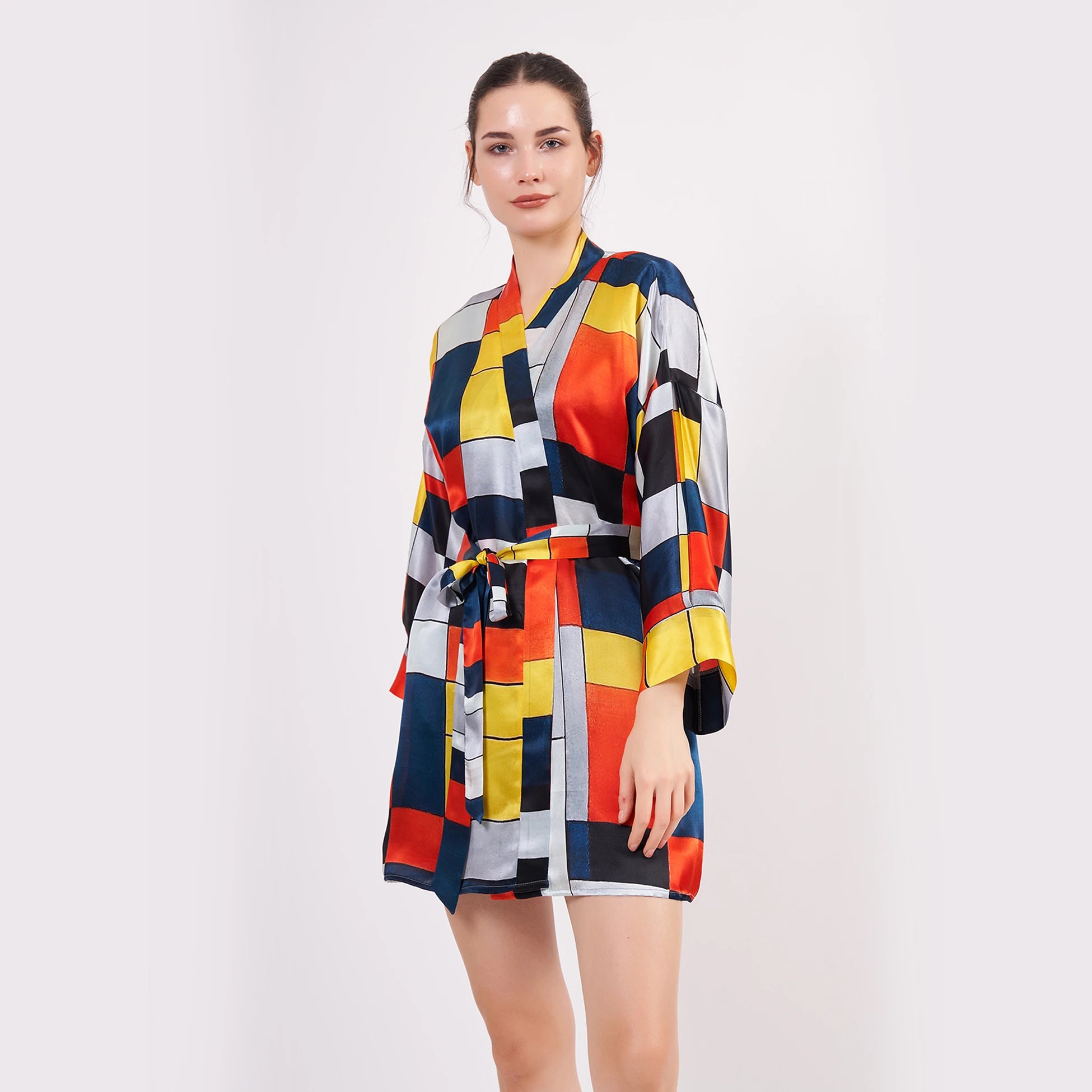 Saf İpek Kısa Kimono Kaftan | Geometrik Desen | Nomads Felt