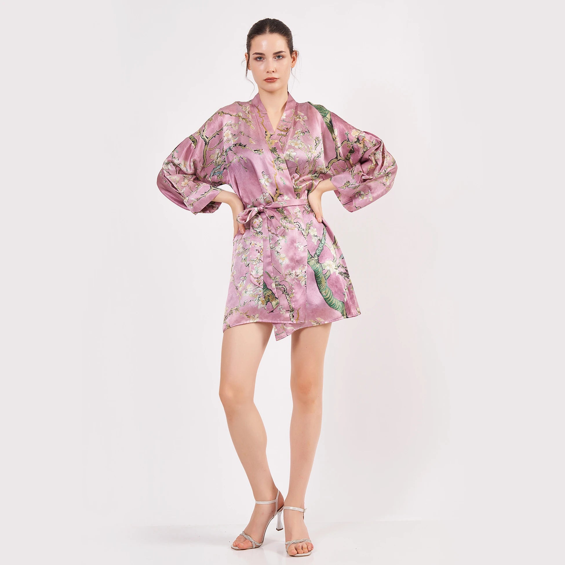 Saf İpek Kısa Kimono Kaftan | Van Gogh Badem Ağacı Pembe | Nomads Felt