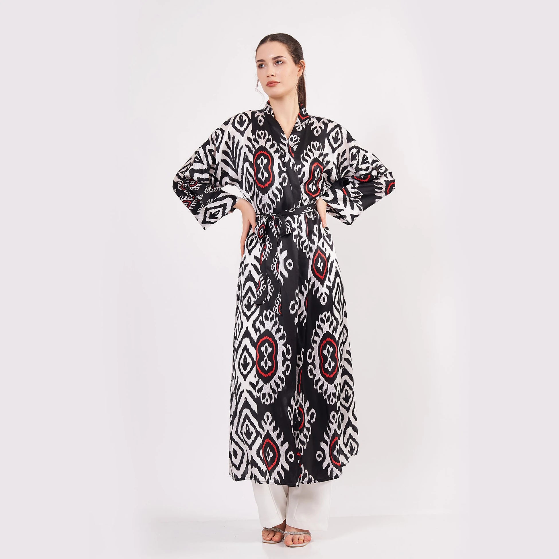 Saf İpek Uzun Kimono Kaftan | İkat Desen 13 | Nomads Felt