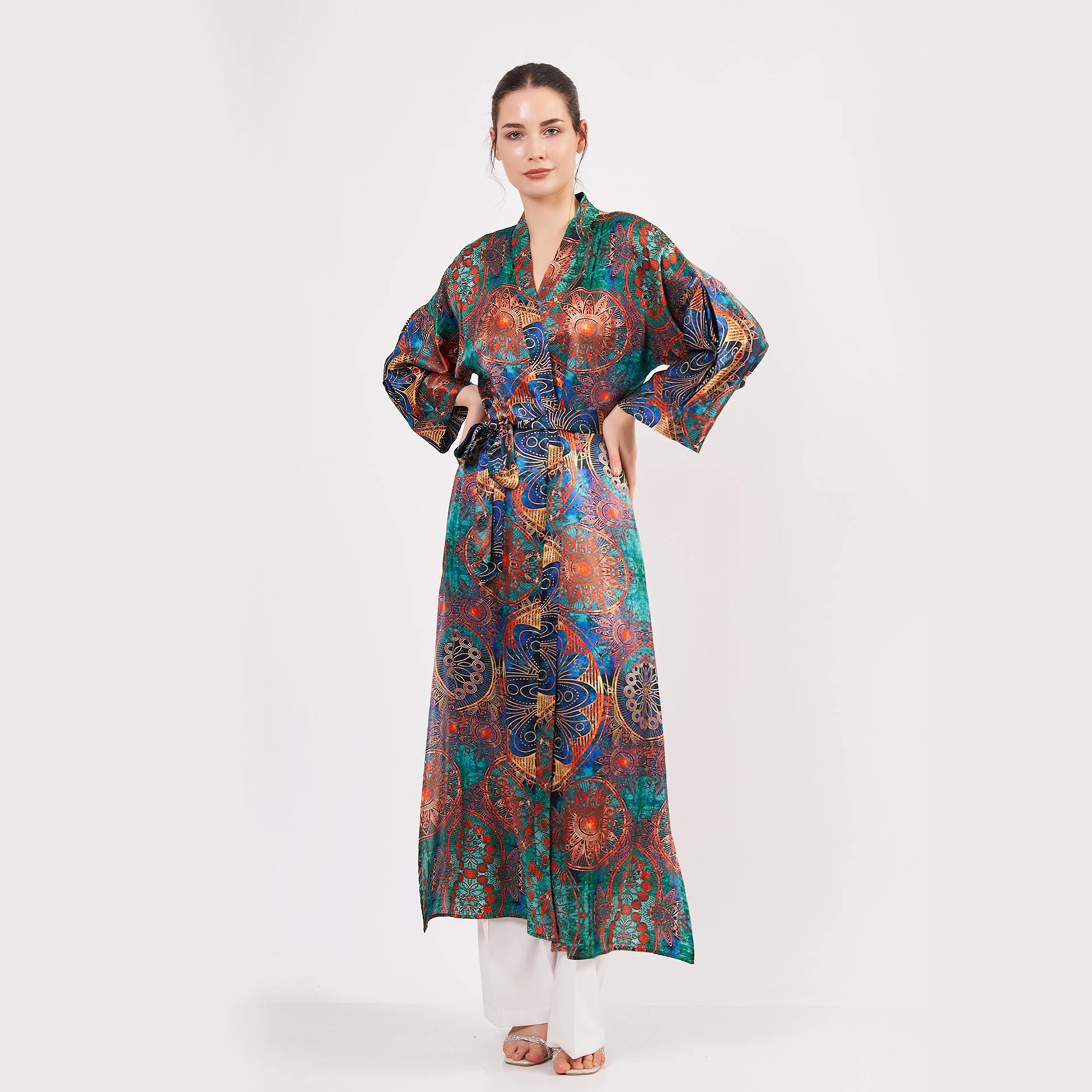 Saf İpek Uzun Kimono Kaftan | Yeşil Mandala Desen 4 | Nomads Felt