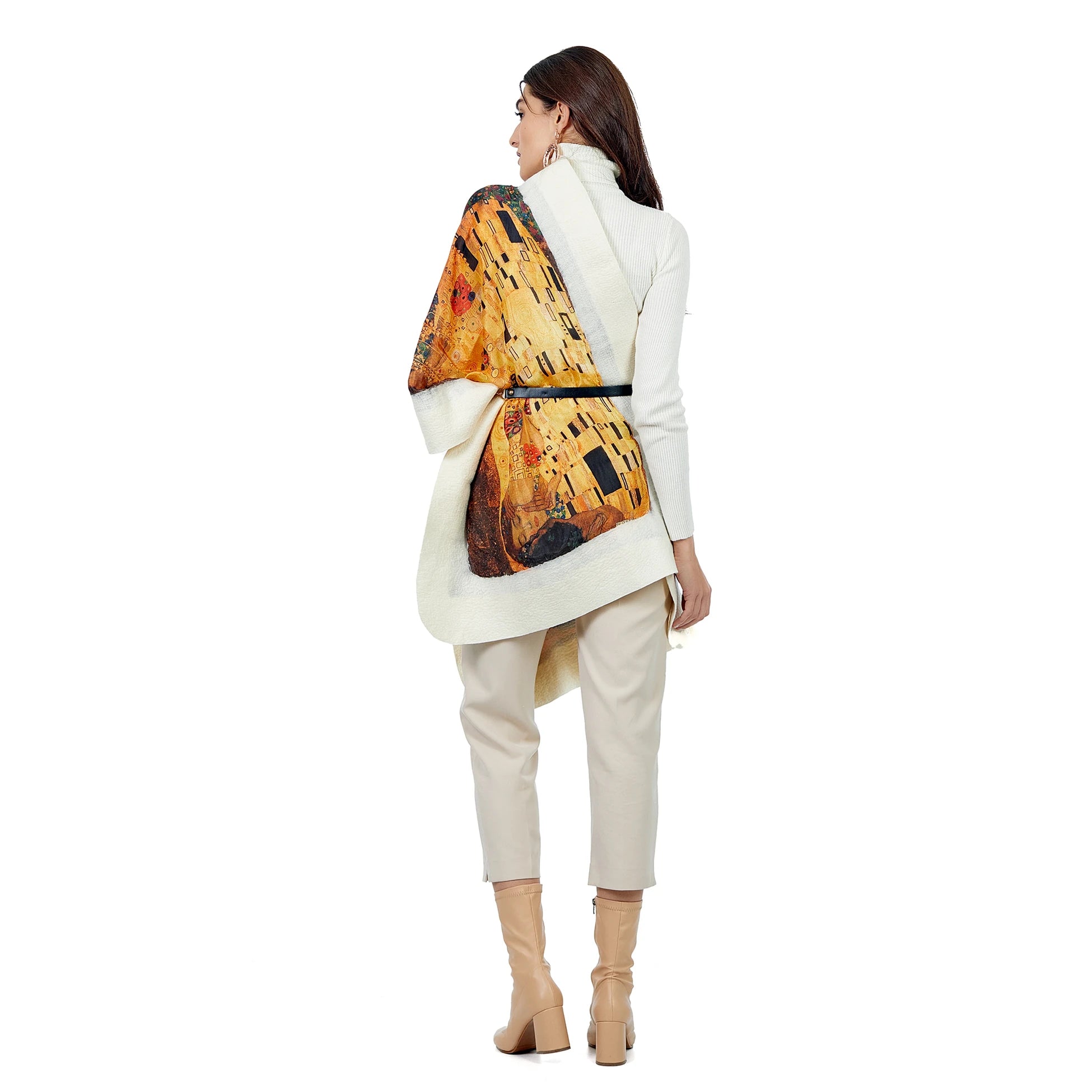 İpek Keçe Şal | Beyaz Gustav Klimt The Kiss | Nomads Felt